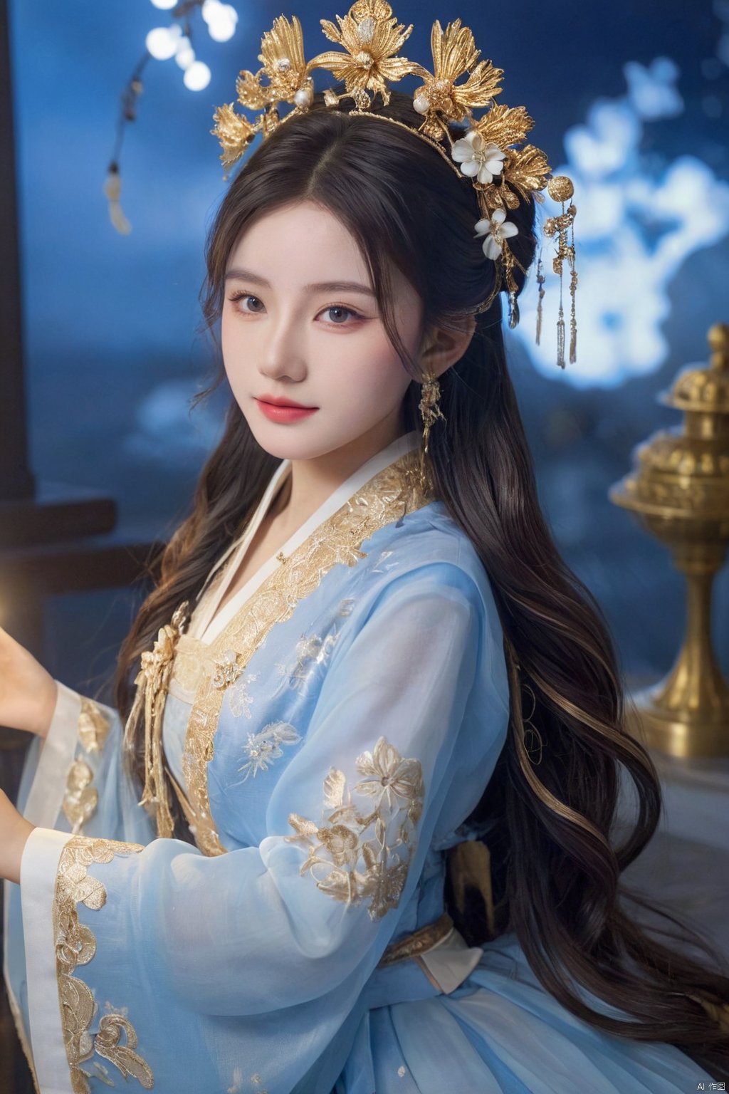  HUBG_Rococo_Style(loanword), 1girl, hanfu, Portrait of noble and graceful goddess, dressed in blue and gold, elaborate coiffure hairstyle, dark hair, decoration, 16K, UHD, HDR, Brilliant scene with bright lights, mist, numerous decorations, joyful atmosphere, light smile,HDR, IMAX, 8K resolutions, ultra resolutions, magnificent, best quality, masterpiece,cinematic scenes, cinematic shots, cinematic lighting, volumetric lighting, ultra-detailed, hubg_beauty_girl
