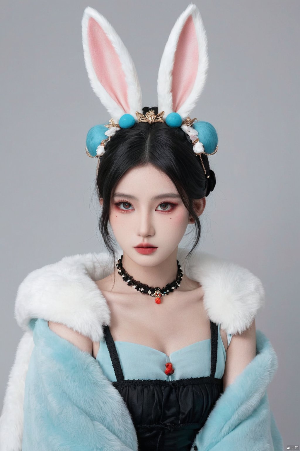  Illustration, digital art, anime style, hubggirl, red eyes, black hair, hair bun with accessories, traditional East Asian attire, rabbit ears headpiece, black and teal clothing, cloud pattern on garment, mystical, two black rabbits, one on shoulder and one in foreground, pale skin, blush on cheeks, serious expression, white background, portrait, upper body shot, artful composition, detailed line art, vibrant color contrast., HUBG_Beauty_Girl, hubg_beauty_girl