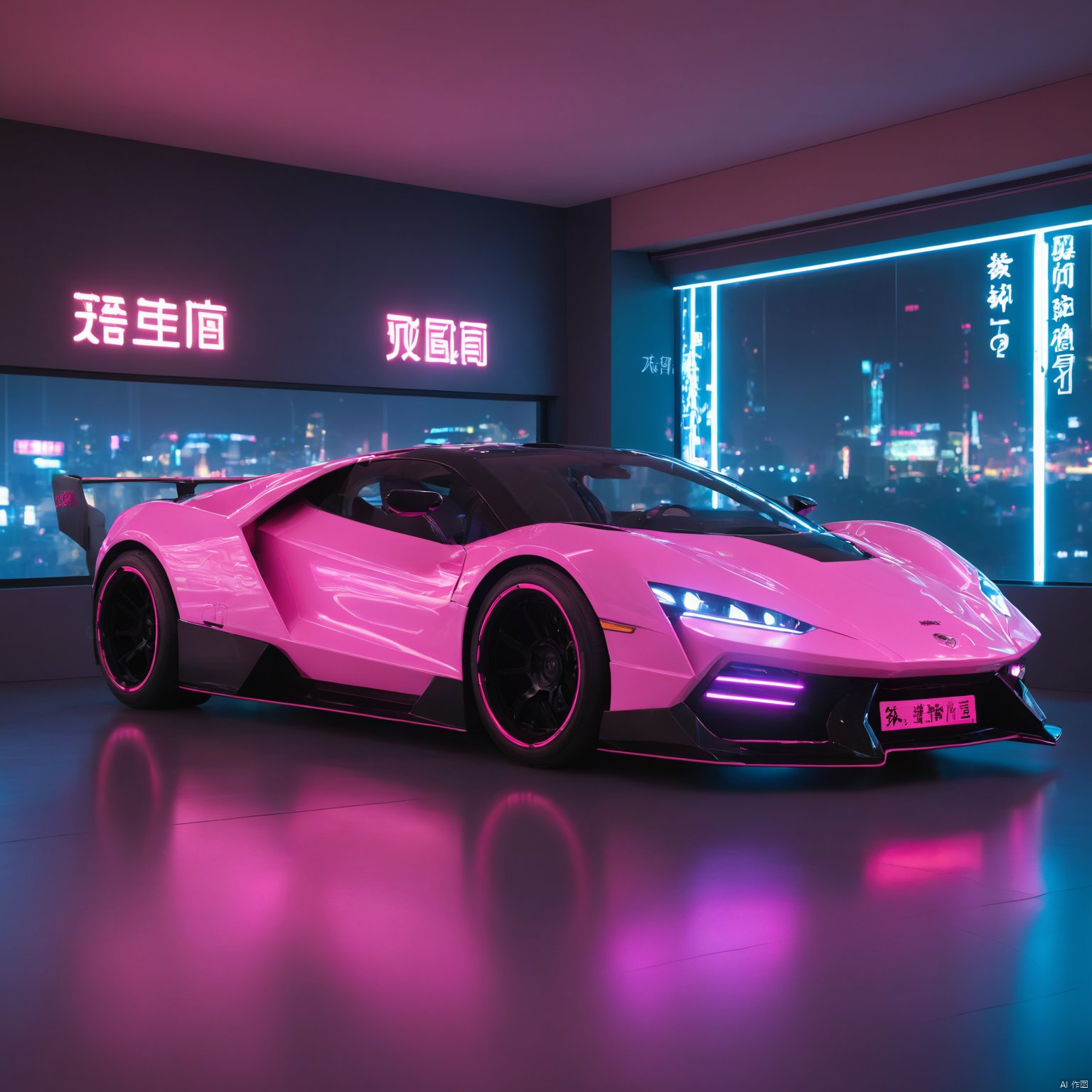  ultra highres, masterpiece, best quality, , car, from side, , cyberpunk, neon lights, pink theme, indoors, transparent, HUBG_Chinese_Jade