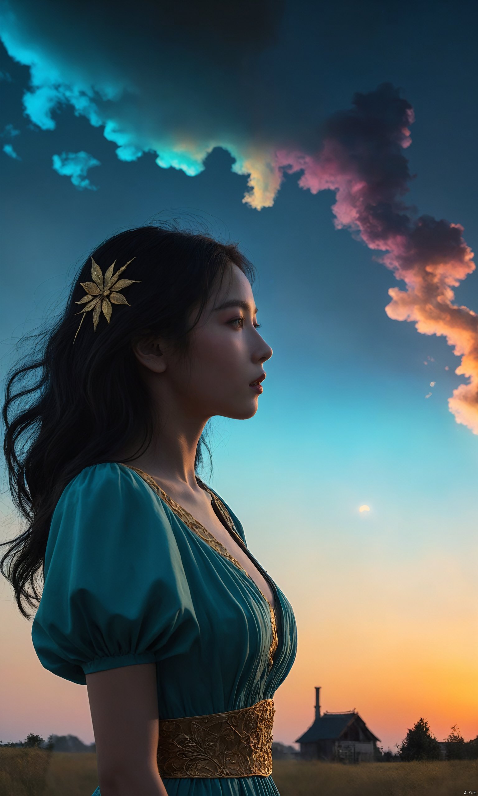  1girl, (from side), (silhouette:1.2), profile, big hair, masterpiece, best quality, light particle, depth of field, field, scenery, fantasy, indigo light, (far away:1.1), cute girl, midriff, tribal sash, pastel colors, chromatic aberration, glow in the dark dark, cloudy sky, space, orange aura, aura, cinematic, dark atmosphere, night , dark hole, glowing eyes, teal light, illumination, light rays, eye in the sky, (grass:0.9), falling petals, oniric portrait of a tall cloaked figure with a white mask, Azem the Traveler, yearning to explore the ends of the world to discover its wonders and help its denizens, by Andy Kehoe, a gradient masterpiece, blue cyan yellow, Rococopunk, luminism, seamless, China ink, Ink Bubbles, Gold leaf lines, alcohol ink elements, curved lines, cinematic, realism, chiaroscuro, Shadow play, Gold leaf small lines, bright splashes of alcohol ink puddles, volumetric light, auras, rays of sunlight, bright colors reflect, isometric, digital art, smog, pollution, toxic waste, chimneys and railroads, 3d render, octane render, volumetrics, by greg rutkowski, anime style