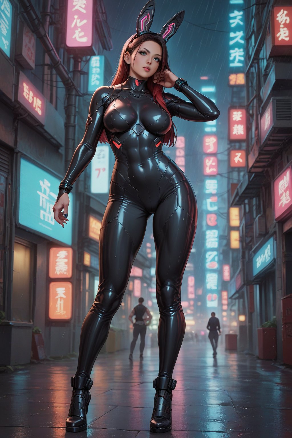 Score_9, Score_8_up, Score_7_up, Score_6_up, Score_5_up, Score_4_up, Source_Anime, Source_Cartoon, BREAK, Masterpiece, Best Quality, Cyberpunk Bunny Girl, Neon Glow, Futuristic Skyline, Moonlight Reflection, Holographic Billboards, Rainy Streets, Shiny Latex Suit, Dynamic Pose, High Heels, Mysterious Aura, Cybernetic Ears, 
FuturEvoLab-Cyberpunk, FuturEvoLab-Bunny