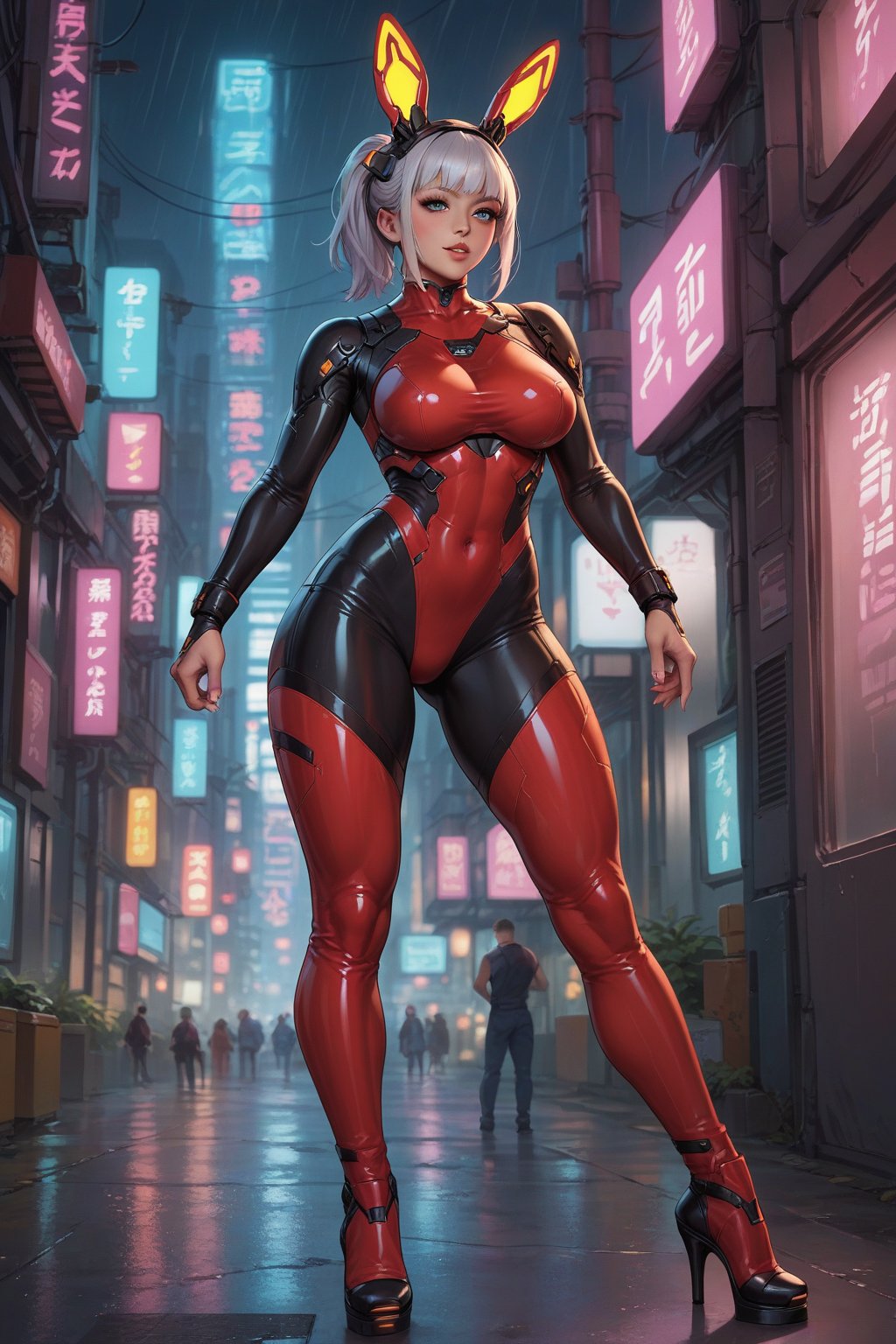 Score_9, Score_8_up, Score_7_up, Score_6_up, Score_5_up, Score_4_up, Source_Anime, Source_Cartoon, BREAK, Masterpiece, Best Quality, Cyberpunk Bunny Girl, Neon Glow, Futuristic Skyline, Moonlight Reflection, Holographic Billboards, Rainy Streets, Shiny Latex Suit, Dynamic Pose, High Heels, Mysterious Aura, Cybernetic Ears, 
FuturEvoLab-Cyberpunk, FuturEvoLab-Bunny