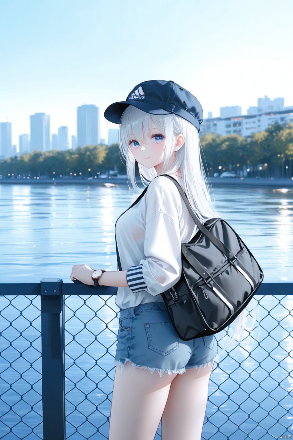  1girl, solo,
blue eyes, white hair, (long hair), hair between eyes, medium breasts, 
white_blouse, open_track_jacket, hood_down, adidas, denim_shorts, fisherman hat, shoulder_bag, watch, leaning against fence, 
looking at viewer, light smile, looking back,
blurry background, river, cityscape,
masterpiece,bestquality,[Artist miwano rag],[Artist toosaka asagi],[Artist wlop],[iumu], omochi_monaka, TT