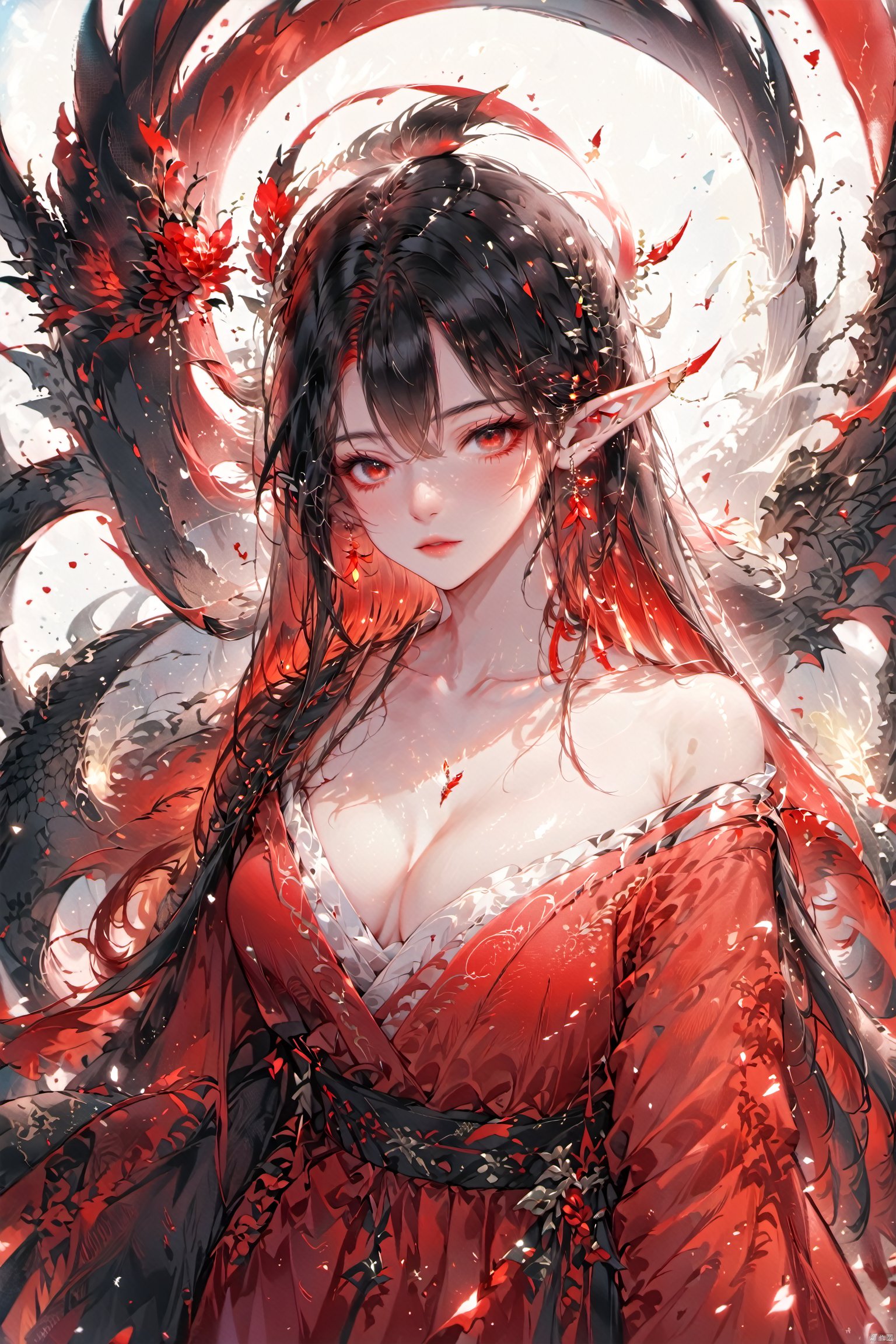  (masterpiece),(best quality),high quality,colorful,solo,1girl,(straight hair,Black hair,long hair,colored inner hair,hair between eyes),red eyes,beautiful eyes,(Red Thorn Halo),pointy ears, medium breasts, cleavage, clavicle,arms behind back,