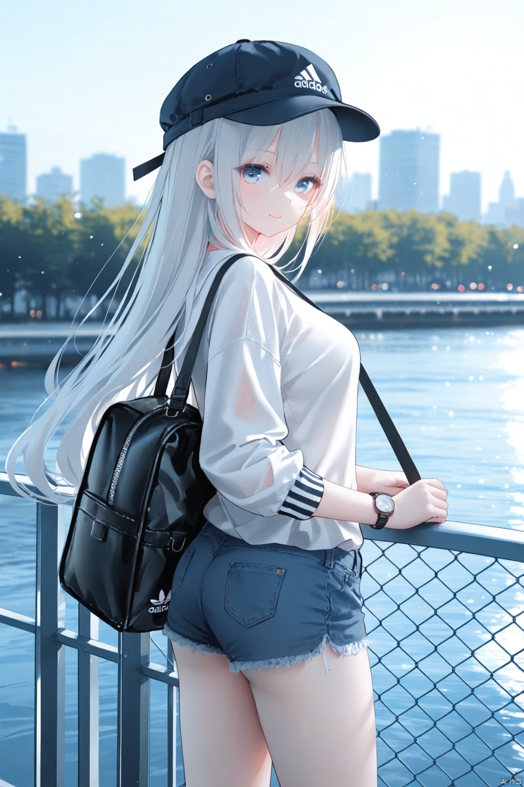  1girl, solo,
blue eyes, white hair, (long hair), hair between eyes, medium breasts, 
white_blouse, open_track_jacket, hood_down, adidas, denim_shorts, fisherman hat, shoulder_bag, watch, leaning against fence, 
looking at viewer, light smile, looking back,
blurry background, river, cityscape,
masterpiece,bestquality,[Artist miwano rag],[Artist toosaka asagi],[Artist wlop],[iumu], omochi_monaka, TT