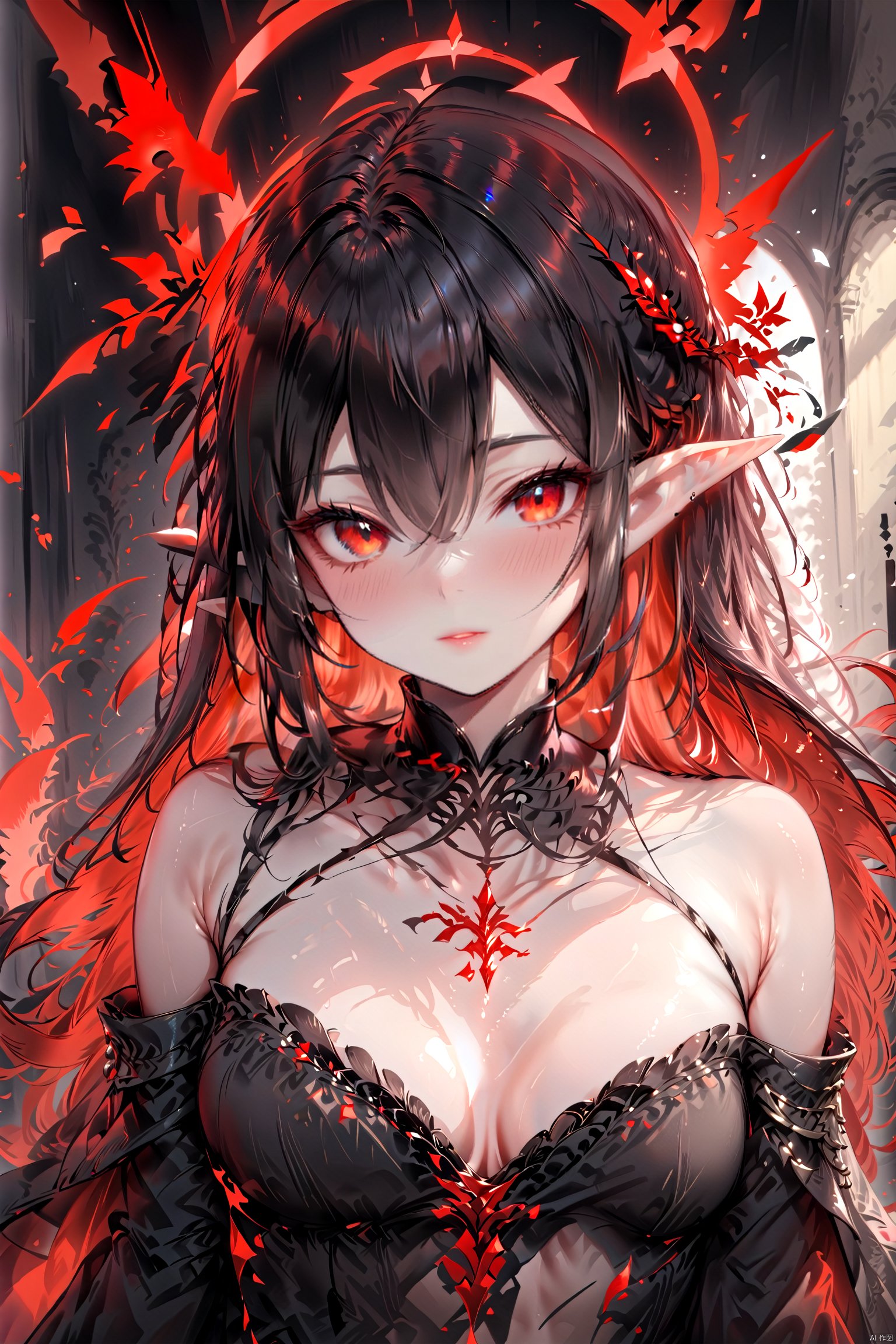  (masterpiece),(best quality),high quality,colorful,solo,1girl,(straight hair,Black hair,long hair,colored inner hair,hair between eyes),red eyes,beautiful eyes,(Red Thorn Halo),pointy ears, medium breasts, cleavage, clavicle,arms behind back,