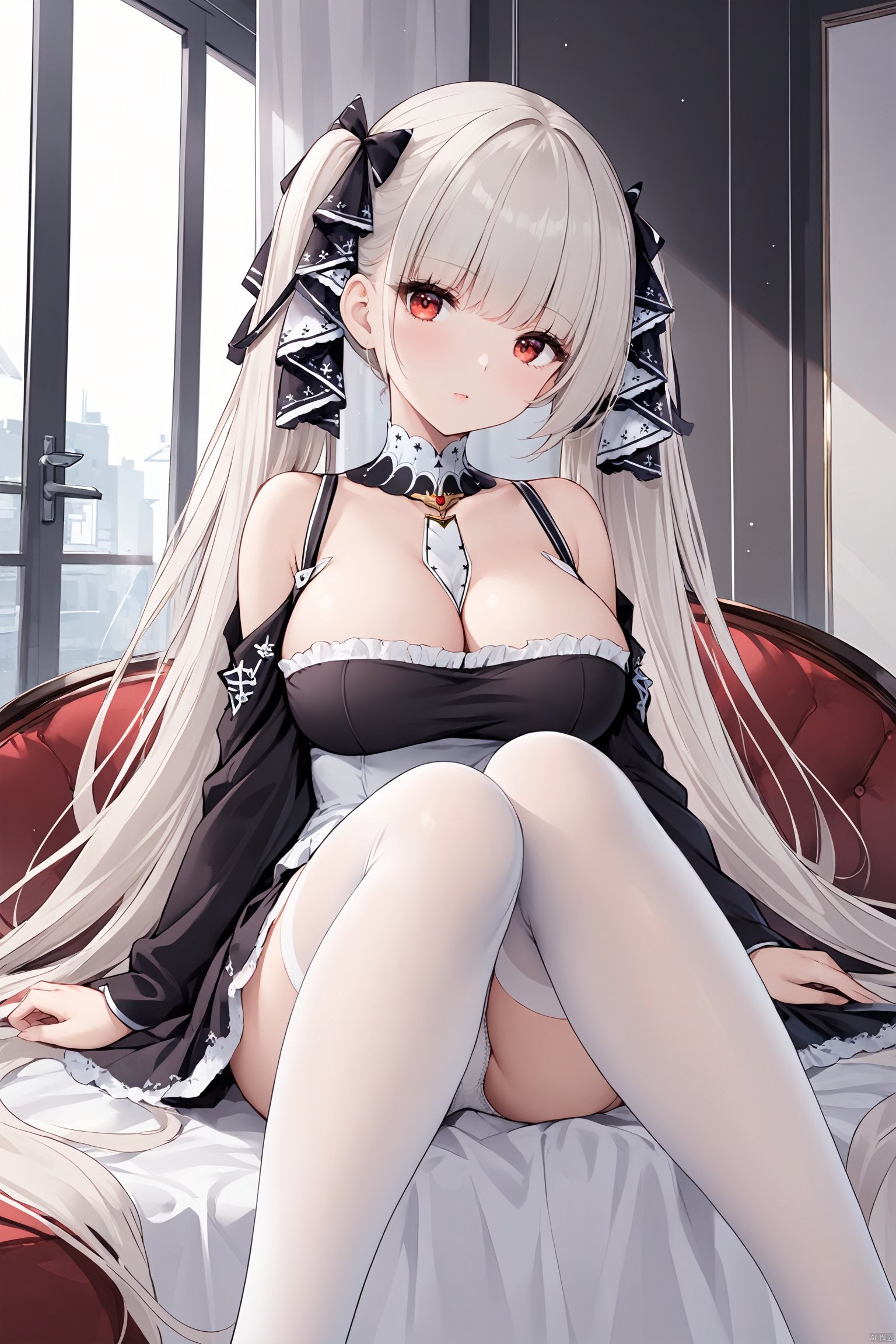  1girl, solo, long hair, breasts, looking at viewer, bangs, large breasts, red eyes, thighhighs, ribbon, cleavage, bare shoulders, twintails, sitting, underwear, panties, hair ribbon, white hair, indoors, white panties, feet, white thighhighs, two-tone ribbon, formidable \(azur lane\), TT