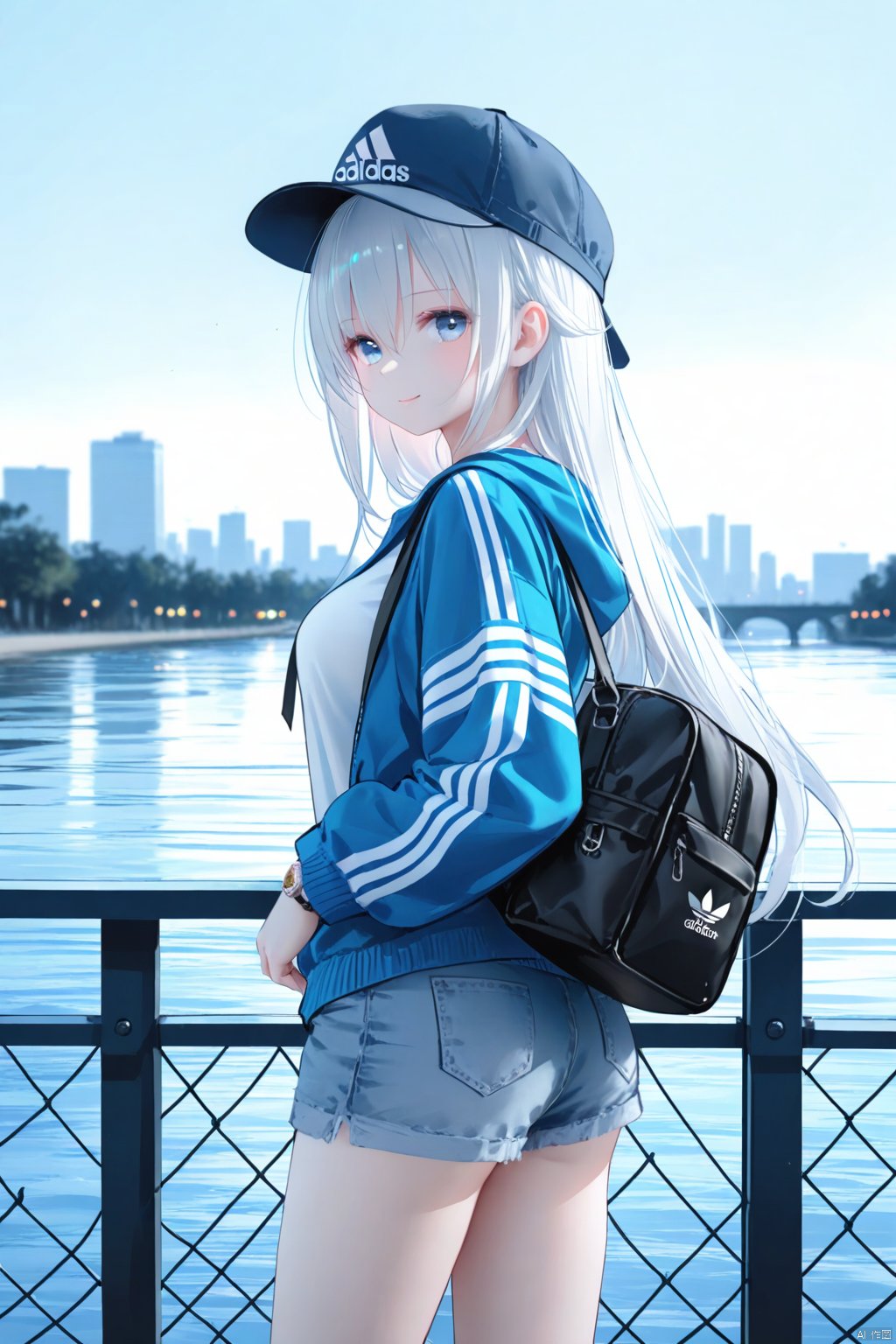  1girl, solo,
blue eyes, white hair, (long hair), hair between eyes, medium breasts, 
white_blouse, open_track_jacket, hood_down, adidas, denim_shorts, fisherman hat, shoulder_bag, watch, leaning against fence, 
looking at viewer, light smile, looking back,
blurry background, river, cityscape,
masterpiece,bestquality,[Artist miwano rag],[Artist toosaka asagi],[Artist wlop],[iumu], omochi_monaka, TT