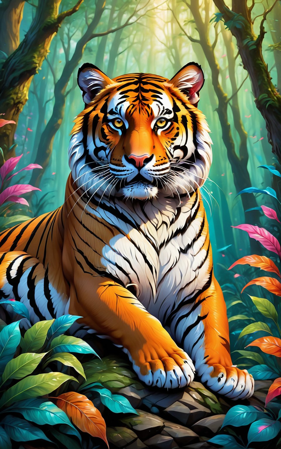 (best quality,8K,highres,masterpiece), ultra-detailed, (line drawing of a majestic tiger in a vibrant forest), a great majestic tiger in a forest setting, rendered in a super realistic line drawing style with vibrant colors and many details. The tiger's powerful presence is captured with meticulous attention to detail, from the intricate patterns of its fur to the intensity of its gaze. Surrounding the tiger is a lush forest filled with vibrant colors, adding depth and richness to the scene. The combination of realism and vibrant colors creates a visually stunning and captivating portrayal of the majestic tiger in its natural habitat.