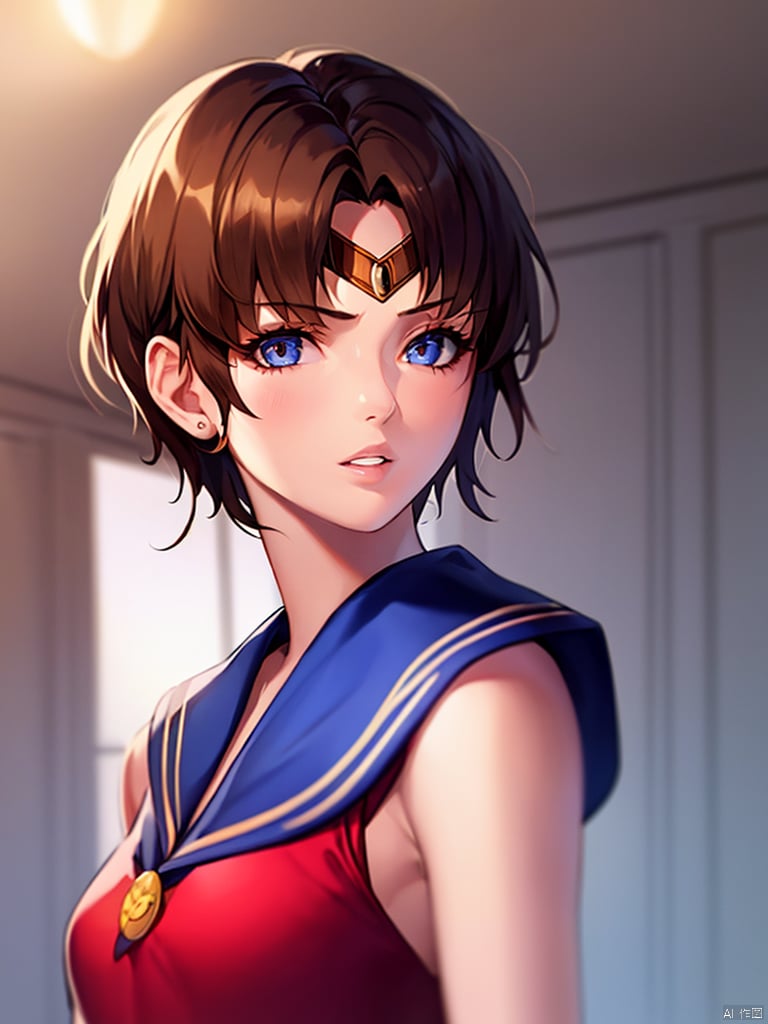  1girl, short hair, brown hair, solo, dress, brown eyes, looking at viewer, holding, red dress, parted lips, bare shoulders, indoors, lips, upper body, sleeveless, Sailor Moon