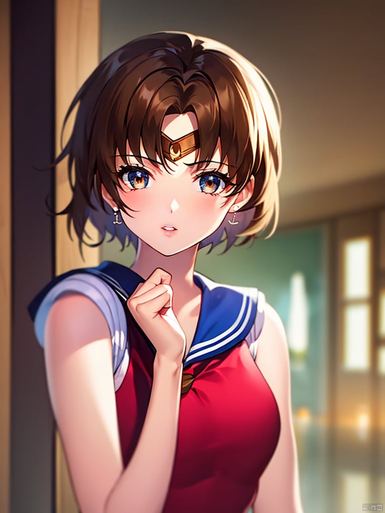  1girl, short hair, brown hair, solo, dress, brown eyes, looking at viewer, holding, red dress, parted lips, bare shoulders, indoors, lips, upper body, sleeveless, Sailor Moon