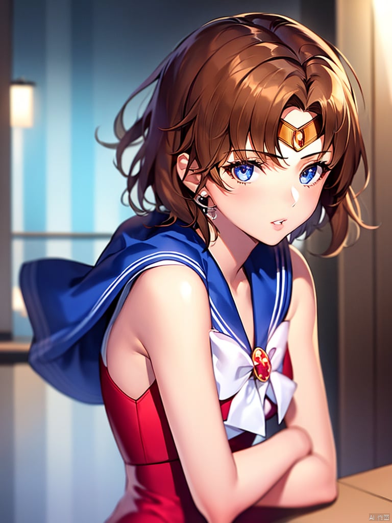  1girl, short hair, brown hair, solo, dress, brown eyes, looking at viewer, holding, red dress, parted lips, bare shoulders, indoors, lips, upper body, sleeveless, Sailor Moon