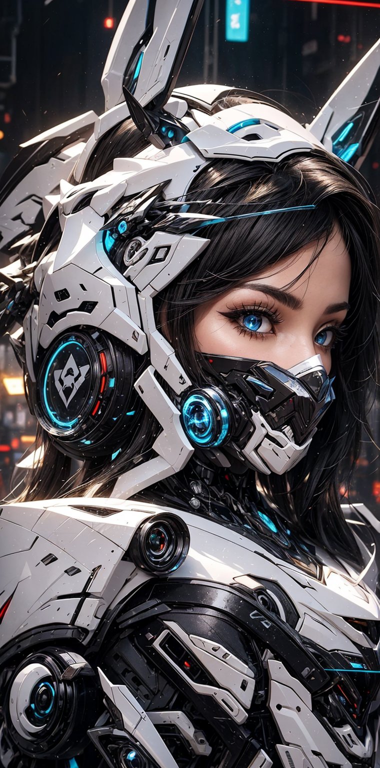 Mecha Gorgeous Armor,1girl, solo, looking at viewer, short hair, bangs, black hair, upper body, grey eyes, eyelashes, mask, glowing, headgear, black background, science fiction, covered mouth, cyberpunk, mechanical ears