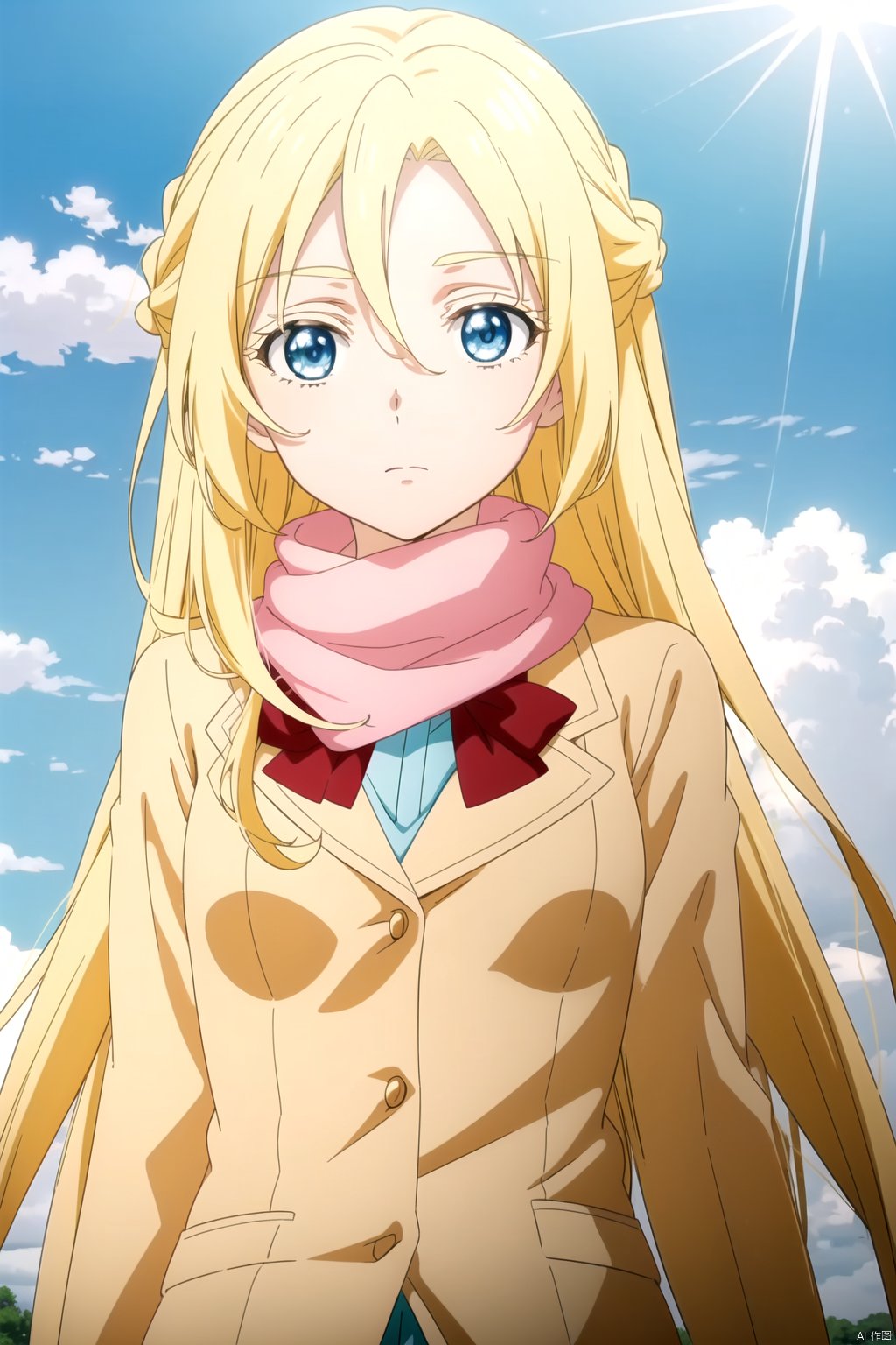  (masterpiece, best quality, (beautiful detailed eyes),anime screencap,anime coloring,2D,anime,(1girl),very long hair,french braids,small breasts,blonde hair,hair between eyes,light blue eyes,outdoors,blue sky,school uniform,pink scarf,expressionless