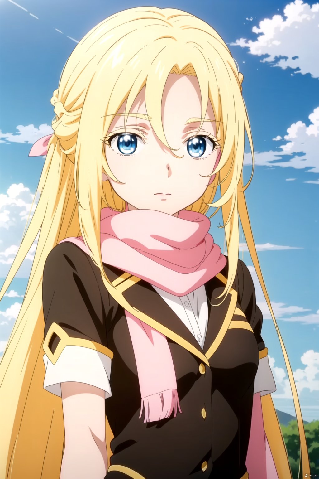  (masterpiece, best quality, (beautiful detailed eyes),anime screencap,anime coloring,2D,anime,(1girl),very long hair,small breasts,blonde hair,hair between eyes,blue eyes,outdoors,blue sky,school uniform,pink scarf,