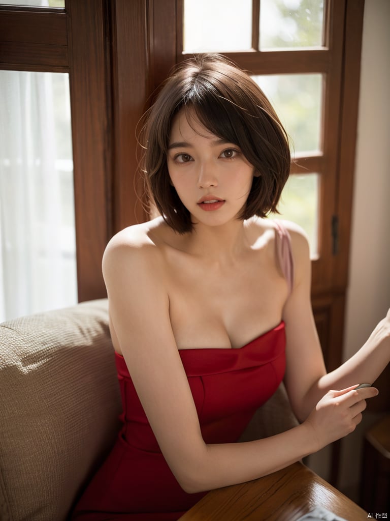  1girl, short hair, brown hair, solo, dress, brown eyes, looking at viewer, holding, red dress, parted lips, bare shoulders, indoors, lips, upper body, sleeveless