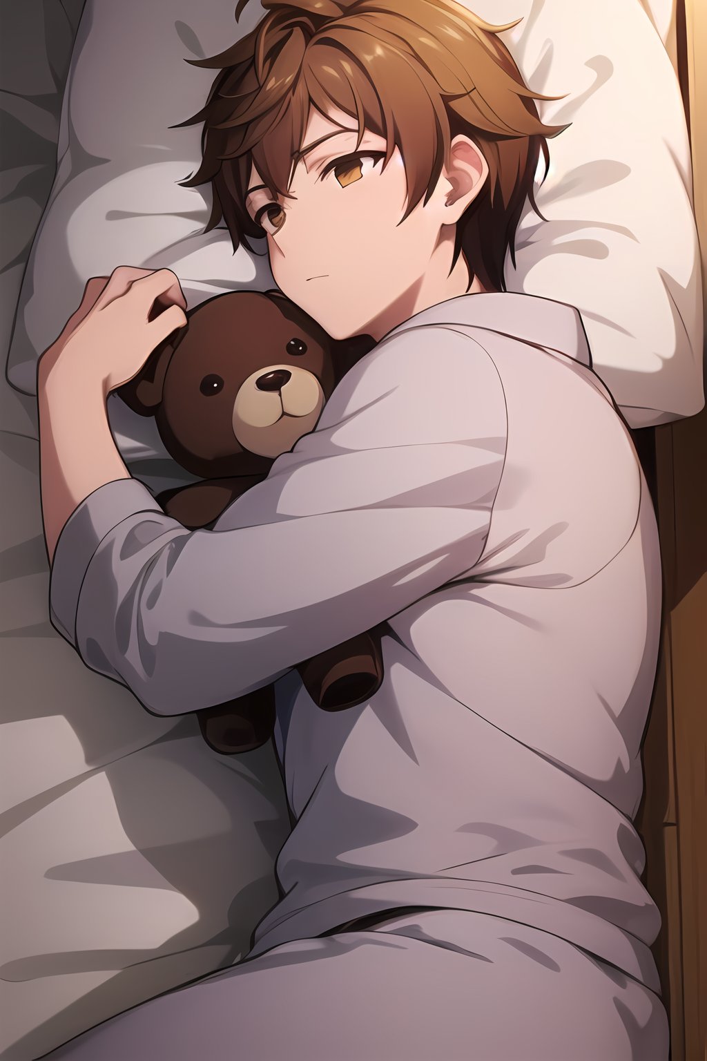 masterpiece, best quality, Looking away, male_focus, 
,Kasel,brown eyes,brown hair, pajamas, lying, bed, sleeping, from above, huging teddy bear,