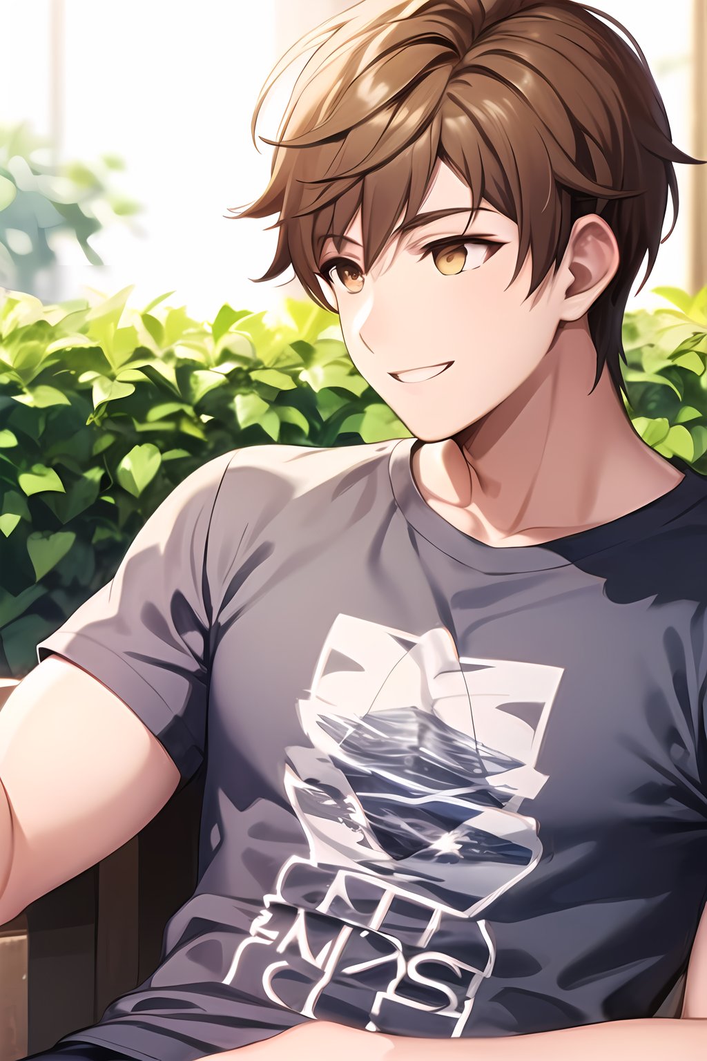 masterpiece, best quality, Looking away, male_focus, 
,Kasel,brown eyes,brown hair, smile, upper_body, t-shirt,