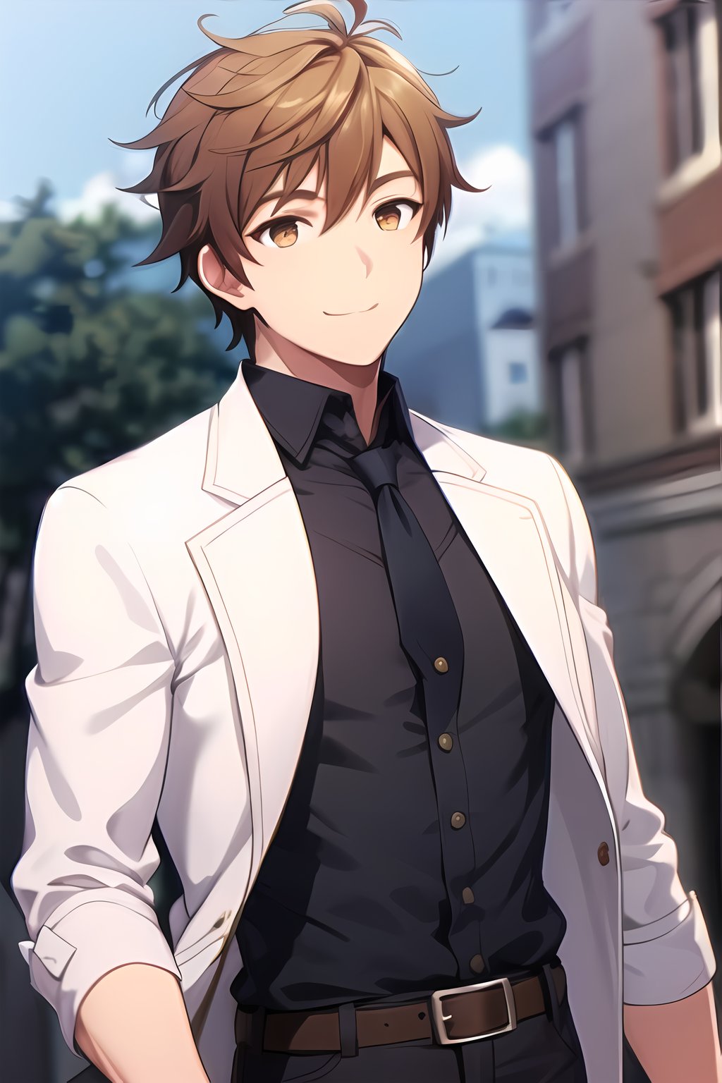 masterpiece, best quality, Looking away, male_focus, 
,Kasel,brown eyes,brown hair, smile, upper_body, dress_shirt, white_shirt, black_jacket, tie,