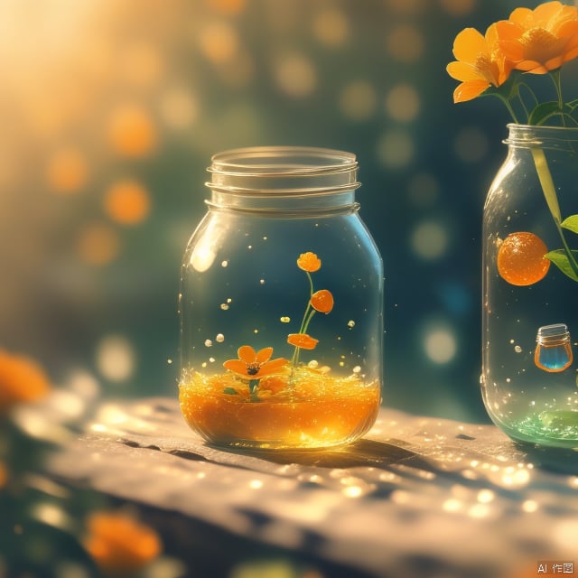 (Masterpiece), (Best Quality), Illustration, Super Detailed, HDR, Depth of Field, (Colorful), ,(Flowers Background:1.45),(Transparent Background:1.3)(an extremely delicate and beautiful girl inside of glass jar :1.2), (glass jar:1.35), (lone:1.2), (whole body), (beautiful and delicate eyes, beautiful and delicate face:1.3), (sitting), (very long silky hair, white hair: 1.15), (ease_chest, tally and thin: 1.2), (colorful clothes: 1.3), (exceptionally fine lace: 0.3), (exceptionally fine decoration: 0.3), (headband, orange hair_decoration: 1.25), orange jar, water surface, whole body, (bottle filled with orange water, bottle filled with Fanta: 1.25), (many fruit in a jar, many pieces_fruit in a jar: 1.25), (lots of bubbles: 1.25),