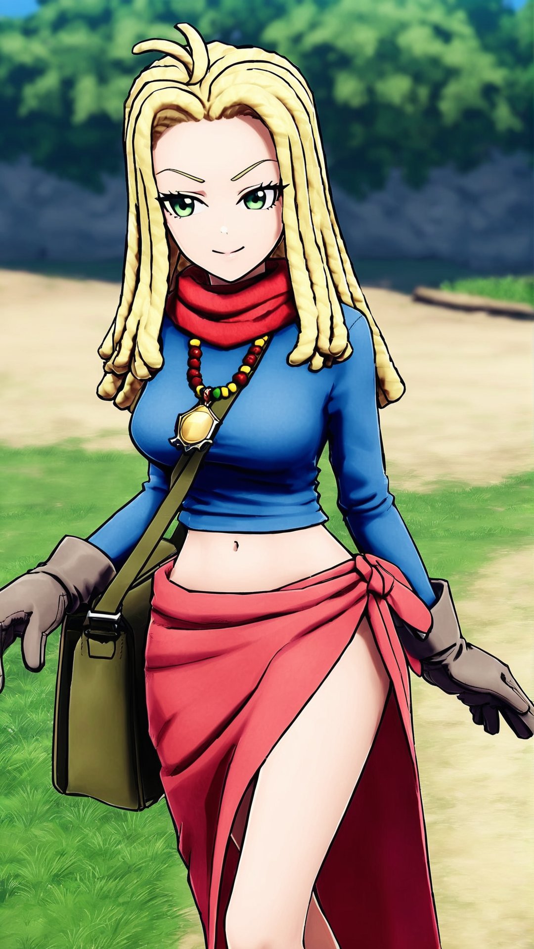 Ann, blonde hair, reggae hair style, shoulder length hair, green eyes, necklace, red scarf, blue short T-shirt, navel, blue denim short skirt, deep grey gloves, deep green bag, red sarong, brown short boots, 