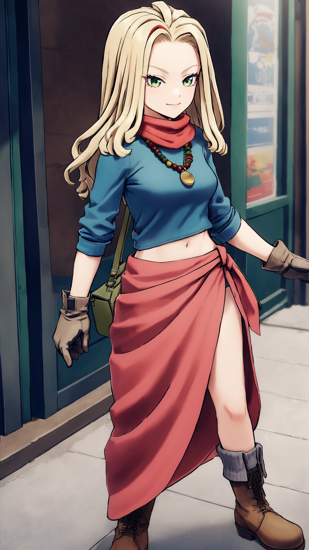 Ann, blonde hair, reggae hair style, shoulder length hair, green eyes, necklace, red scarf, blue short T-shirt, navel, blue denim short skirt, deep grey gloves, deep green bag, red sarong, brown short boots, 