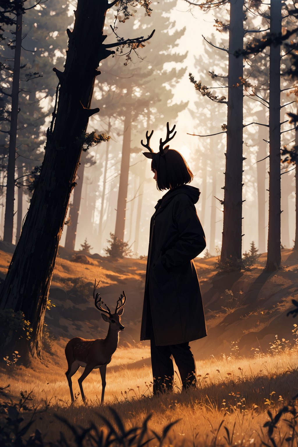 masterpiece,top quality,

,silhouette art,forest, deer, girl