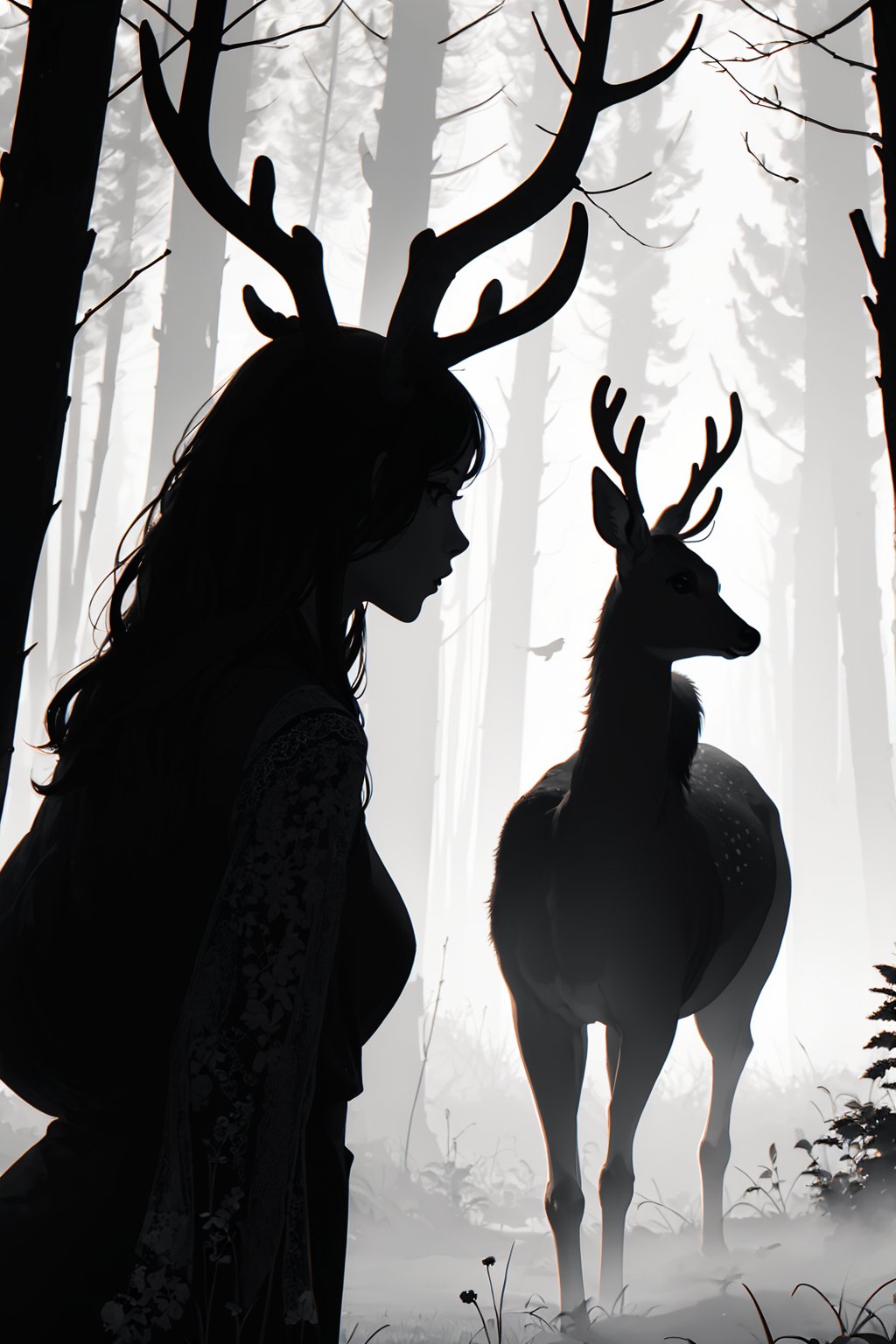 masterpiece,top quality,

,silhouette art,forest, deer, girl
Monochrome, white background
