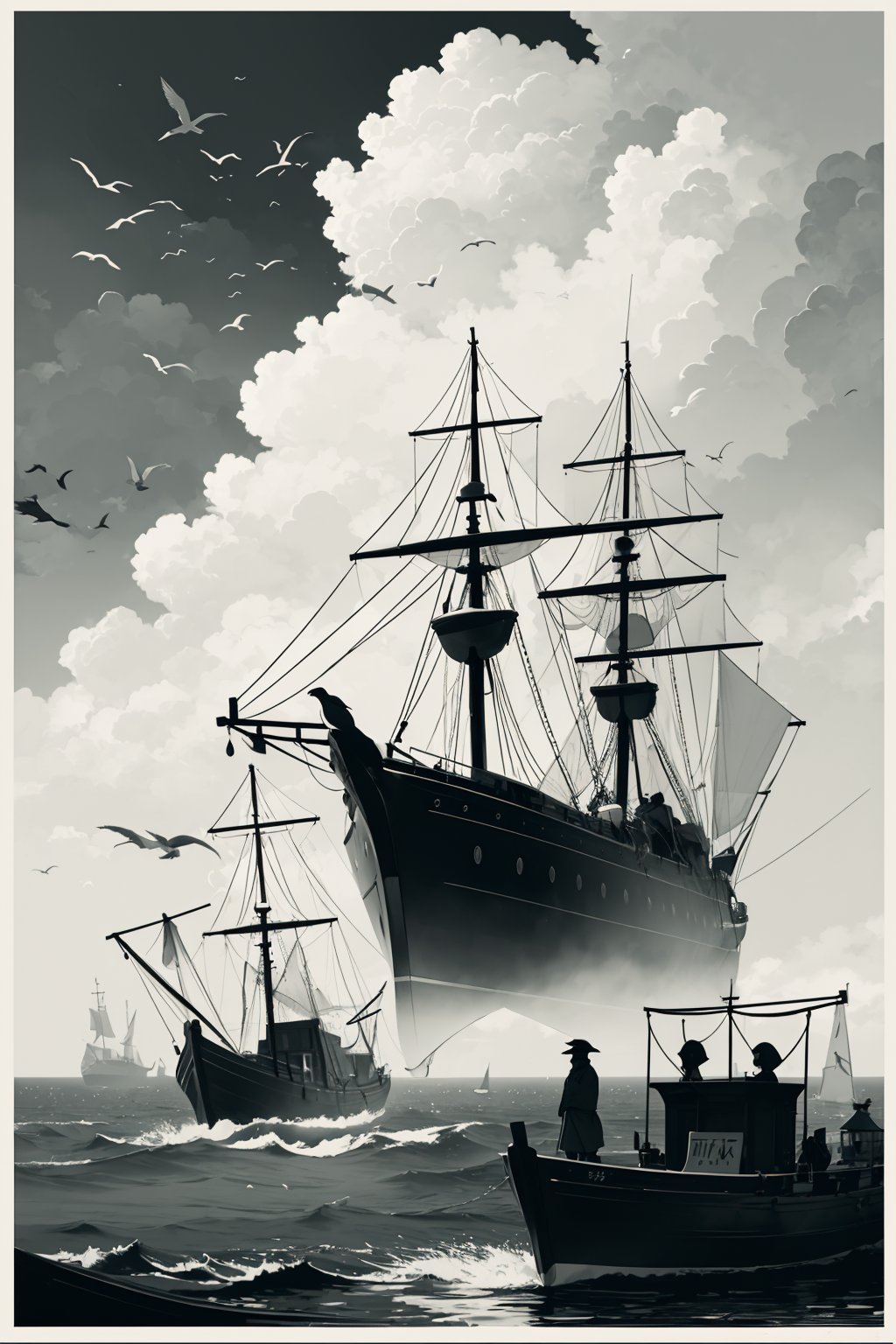 masterpiece,top quality,

,silhouette art、Port town, fish, birds, carriages, sea, , clouds,

Monochrome, white background
