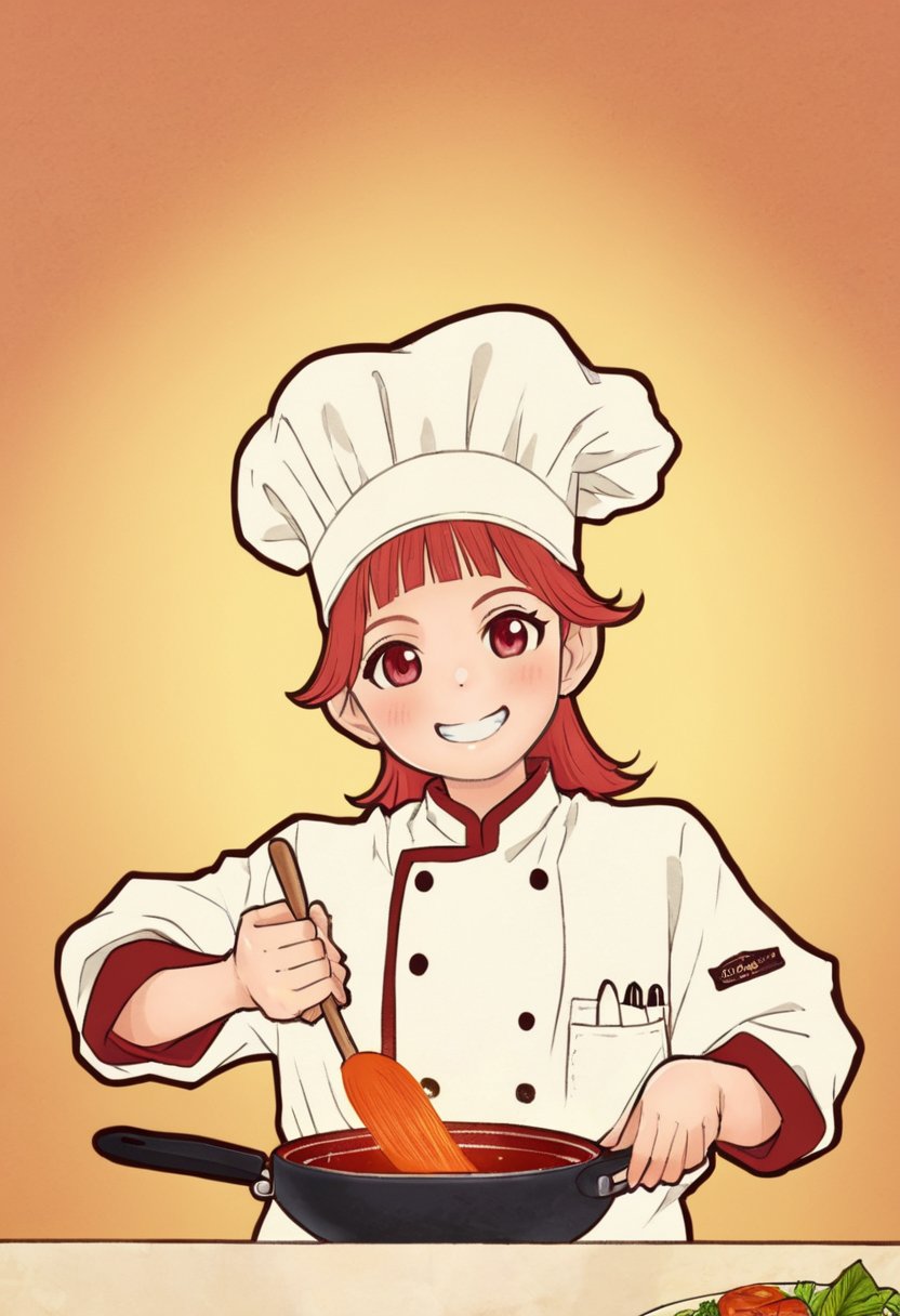 1 girl,  chromatic_background, smile,chef, cooking ,txznw