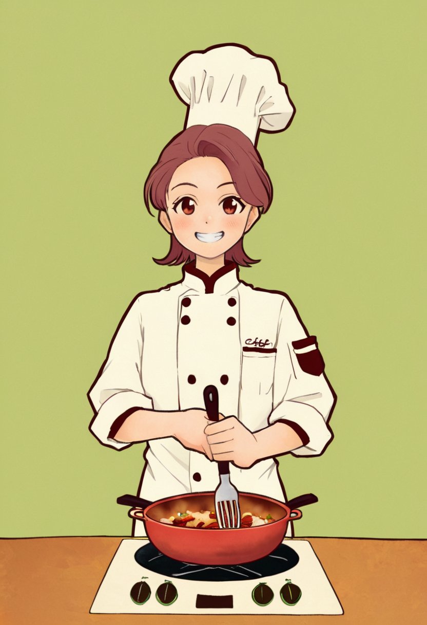 1 girl,  chromatic_background, smile,chef, cooking ,txznw