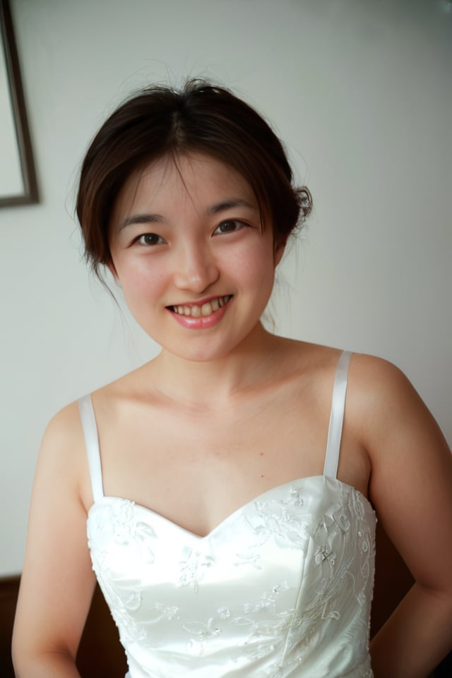 1girl, solo, looking at viewer, smile, shiho
posing, smile for camera, 
wedding dress, 