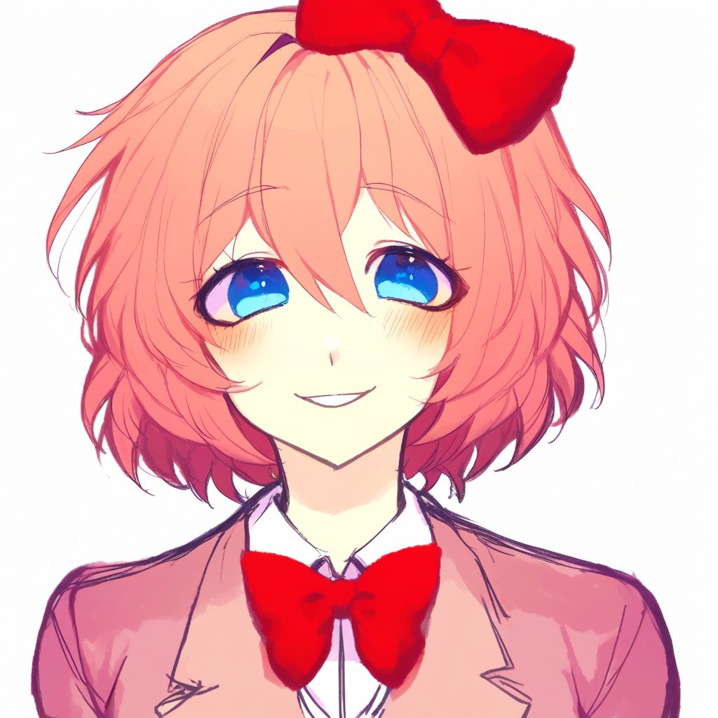 Score_9_up, rating_safe, rating:safe, 1girl, sketch, simple background, sayori \(doki doki literature club\), blue eyes, red bow, short hair, smiling, blush, USA_style, incoming kiss