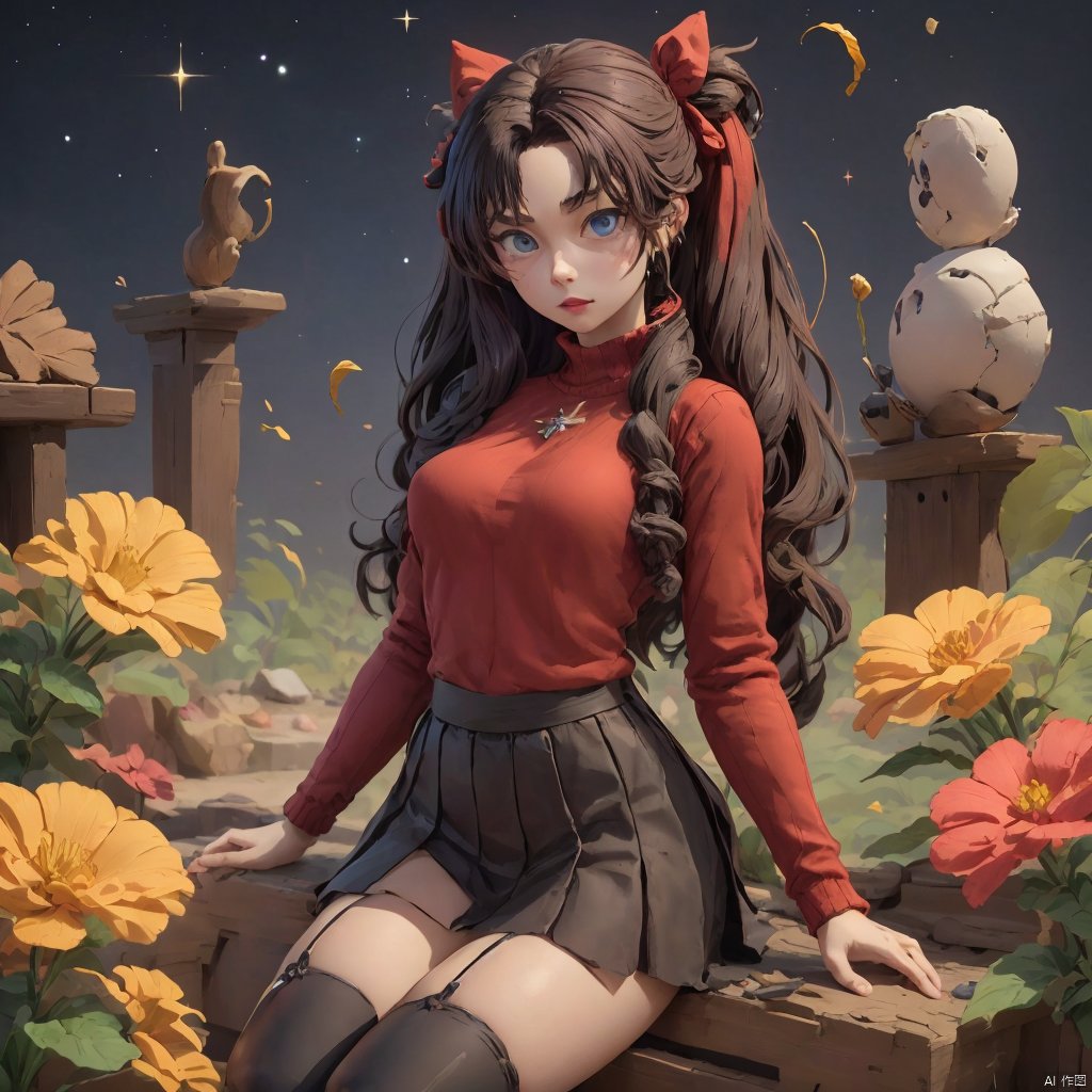 Clay model,clay material,in the style of clay animation, rin_tohsaka, tohsaka rin, dark hair, long hair, black hair, two side up, twin-tails, , EPfsnRin
BREAK
sweater, long sleeves, red sweater
BREAK
thighhighs, garter straps, zettai ryouiki, (black pleated skirt)
BREAK
beautiful jewel-like blue eyes, perfectly detailed anime eyes
BREAK
, wrenchwhispersofzen, black background, red theme, tree, leaf, flowers, east asian architecture, space, stars, galaxies