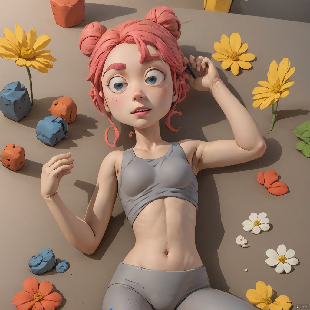  1 girl, (light gray yoga suit) , multi-colored hair, pink hair, butterfly headband, white electric sports headset, (rape flower) , sea of flowers, body, lie down, navel, white transparent skin, seen from above, represented by Hearts, decorated with blue hearts, using lots of hearts, using lots of blue hearts as background, Clay model,clay material,in the style of clay animation, 