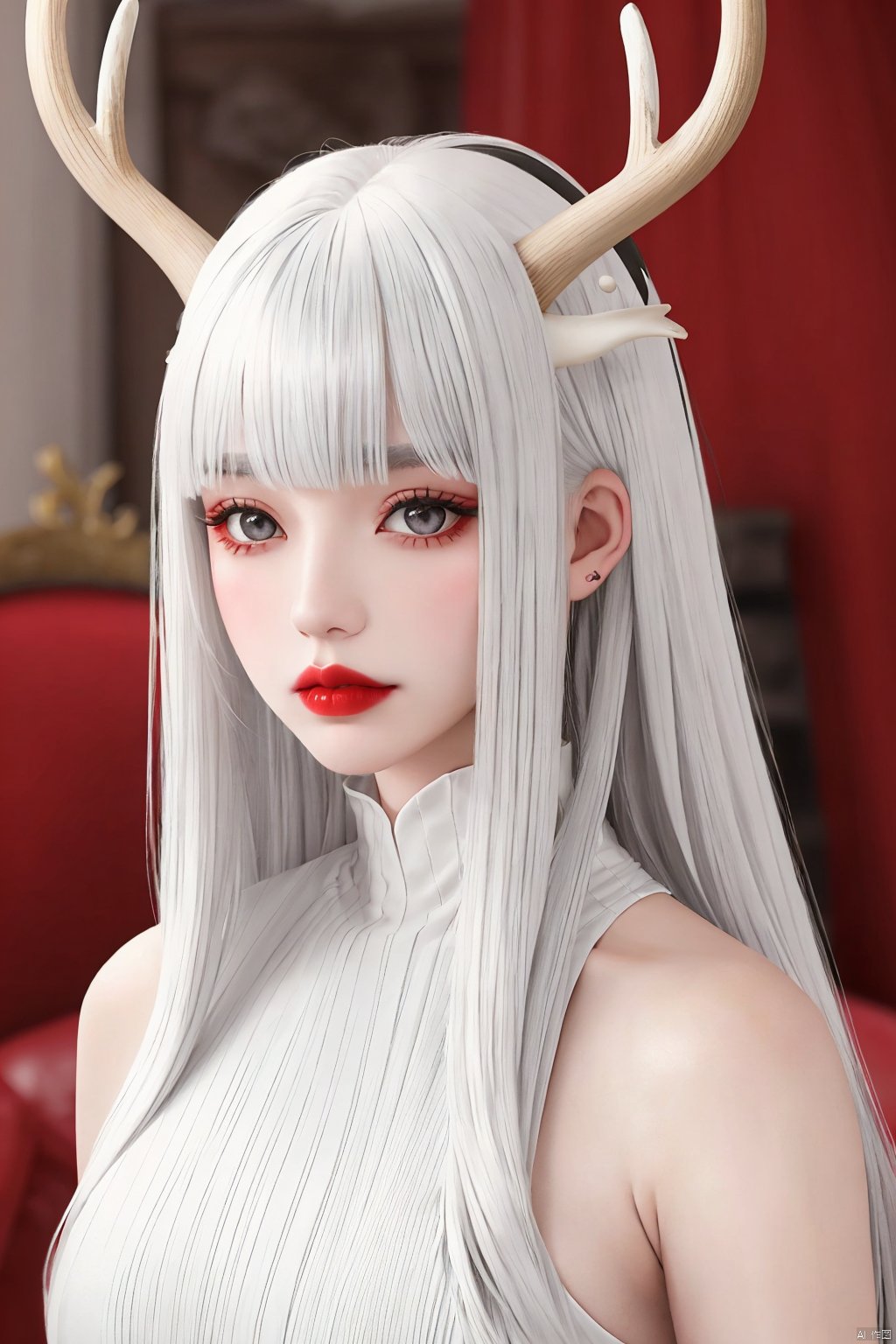  1girl, solo, long hair, looking at viewer, bangs, closed mouth, upper body, white hair, horns, blunt bangs, blurry, lips, grey eyes, blurry background, red lips, antlers