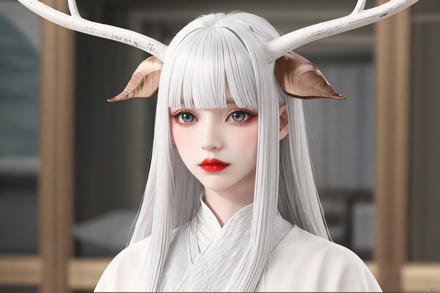  1girl, solo, long hair, looking at viewer, bangs, closed mouth, upper body, white hair, horns, blunt bangs, blurry, lips, grey eyes, blurry background, red lips, antlers