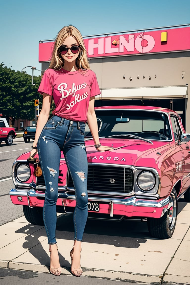 1girl,pink t-shirt,jeans,ground vehicle,motor vehicle,car,outdoors,sign,vehicle focus,road,solo,sky,(long legs:1.2)