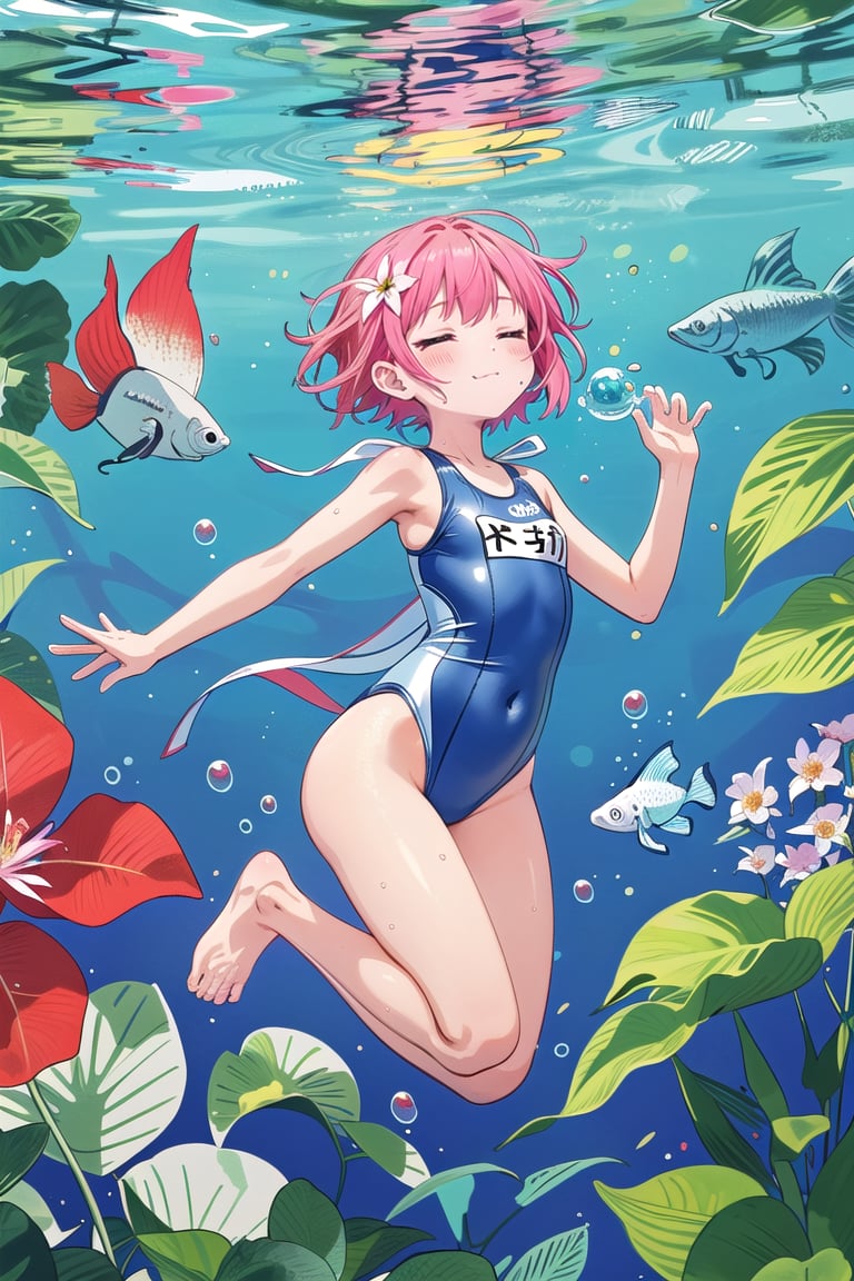 1girl,swimsuit,striped one-piece swimsuit,solo,underwater,barefoot,striped,fish,flower,one-piece swimsuit,covering nose,short hair,closed eyes,air bubble,lily pad,bubble,plant,jumping,