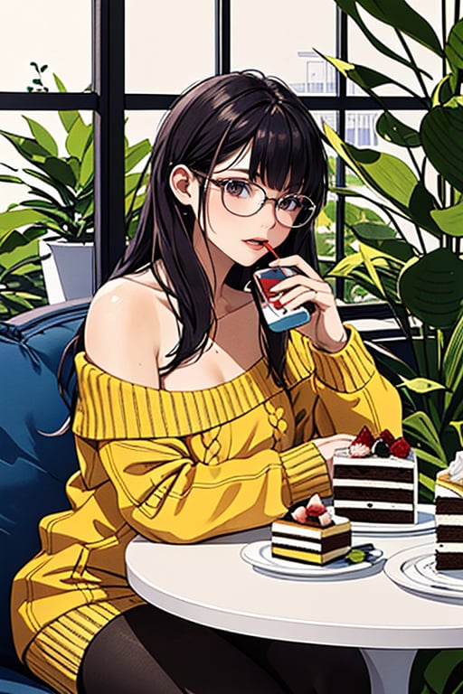 (Best Quality),(Masterpiece),(High Level),Illustrated,Original,Very Detailed,1 Girl,Long Hair,Holding Phone,Solo,Cup,Glasses,Phone,Book,Fork,Straw,Plate,Smartphone,Indoor,Food,Sleeves Over Wrist,Off Shoulder Sweater,Liu Hai,Long Sleeves,Sunshine,Blurred,Cake,Sitting,Table,Looking Side,Looking Far Away,Wine Glass,Lips,Windows,Brown Hair,Black Hair,Earphones,Cake Slices,Plants,Beverages,Sweater,chColor,