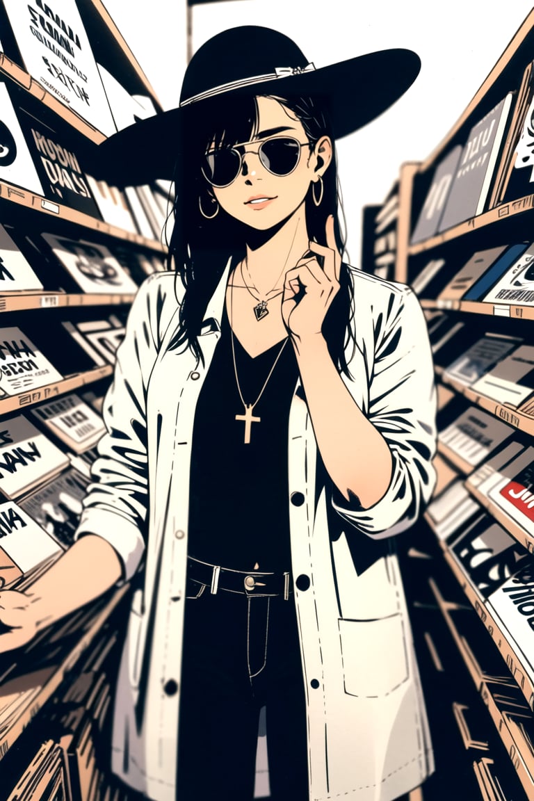 1girl,solo,sunglasses,long hair,hat,jewelry,black hair,earrings,holding,record store,