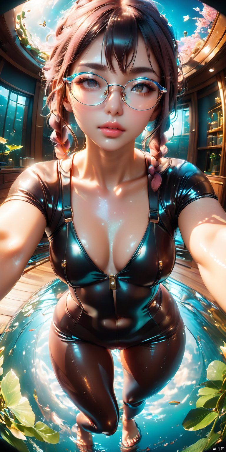 HD, CG, extreme details, fairy style, fisheye lens, exquisite facial features, clear pupils, moist lips, rimless glasses, double braids, tight leather clothes, glowing clothes, buttocks, yoga, soft body, super detailed Details, ultra- high resolution, 8k, fisheye lens, beautiful, xihua