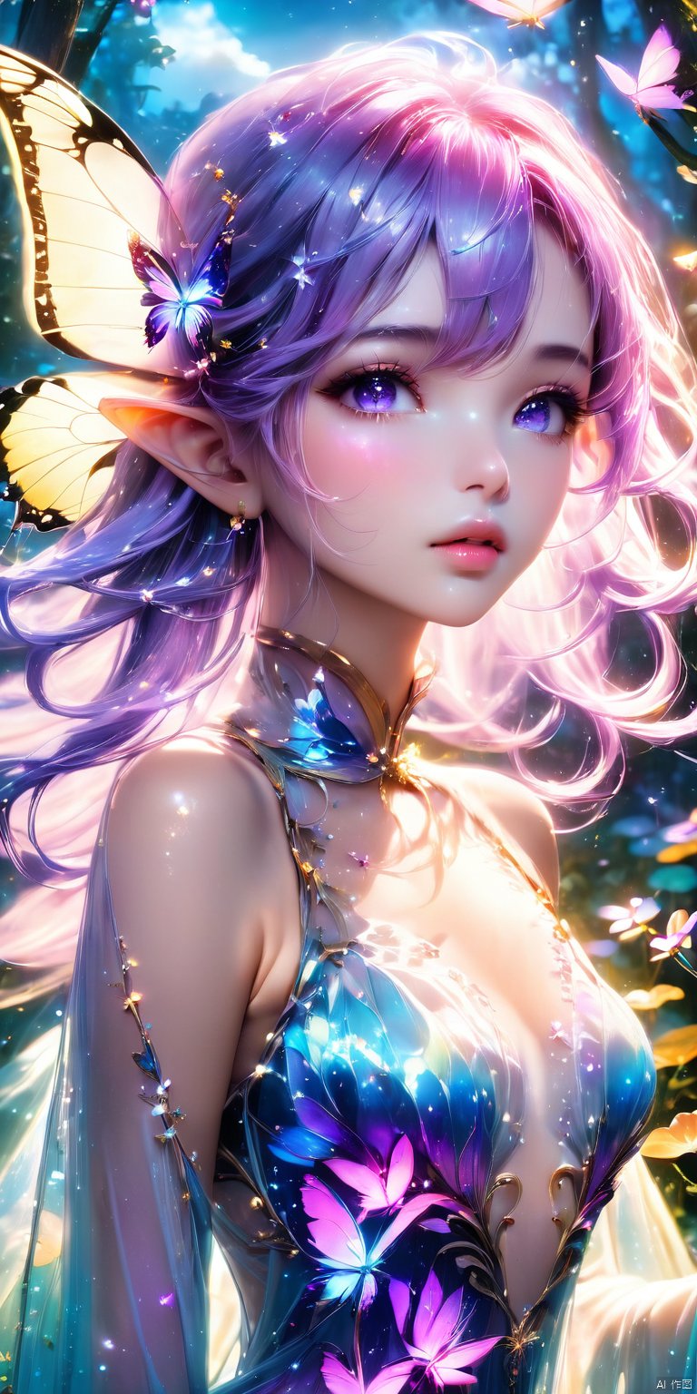  HD, CG, extreme details, fairy style, fisheye lens, exquisite facial features, clear pupils, moist lips, ((4k,masterpiece,best quality)), professional camera, 8k photos, wallpaper 1 girl, solo,purple hair,ethereal fairy, floating on clouds, sparkling gown with iridescent butterfly wings, holding a magic wand, surrounded by dancing fireflies, twilight sky, full moon, mystical forest in the background, glowing mushrooms, enchanted flowers, softly illuminated by bioluminescence, serene expression, delicate features with pointed ears, flowing silver hair adorned with tiny stars, gentle breeze causing her dress and hair to flow ethereally, dreamlike atmosphere, surreal color palette, high dynamic range lighting, intricate details, otherworldly aesthetic, ((super detailed details)), ultra- high resolution, 8k, fisheye lens, beautiful, xihua