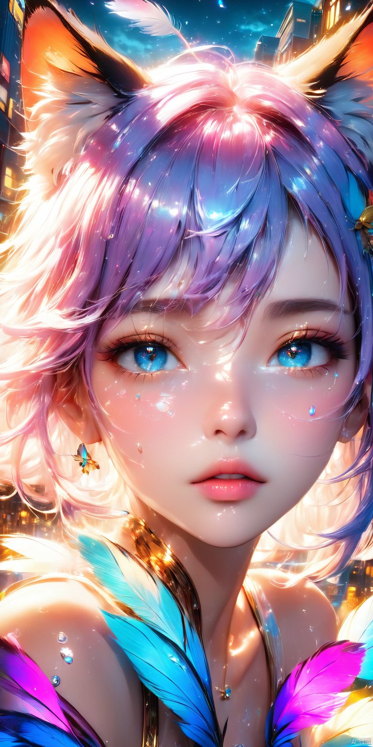 HD, CG, extreme details, fairy style, fisheye lens, exquisite facial features, clear pupils, moist lips, ((4k,masterpiece,best quality)), professional camera, 8k photos, wallpaper Masterpiece, best quality, extremely fine CG unified 8k wallpaper, very fine, texture, fine details, extremely fine and beautiful, delicate and beautiful face, 1 girl, cat ears, a girl with beautiful eyes and cat ears, surrounded by many feathers, with tears streaming down her face , night, bright colorful lights and many clouds, sky, city, ((super detailed details)), ultra- high resolution, 8k, fisheye lens, beautiful, xihua