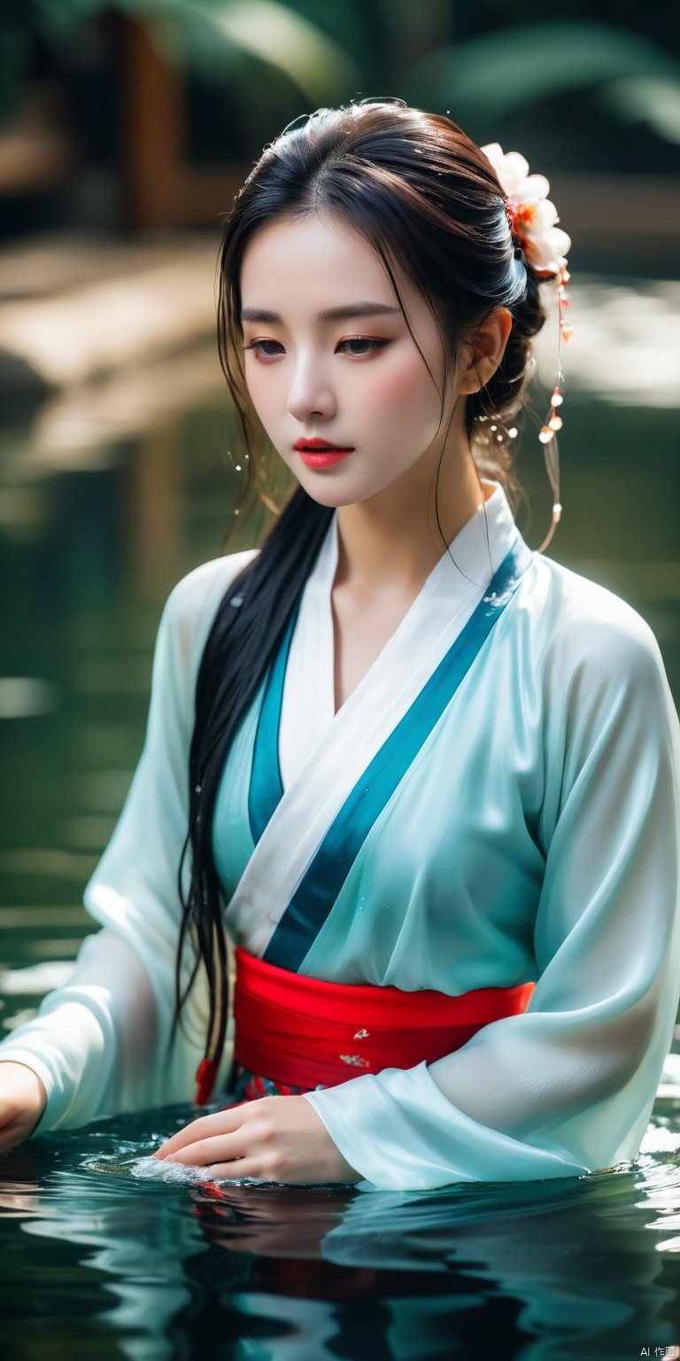 A girl, playing in the water, close-fitting silk Hanfu, white, wet