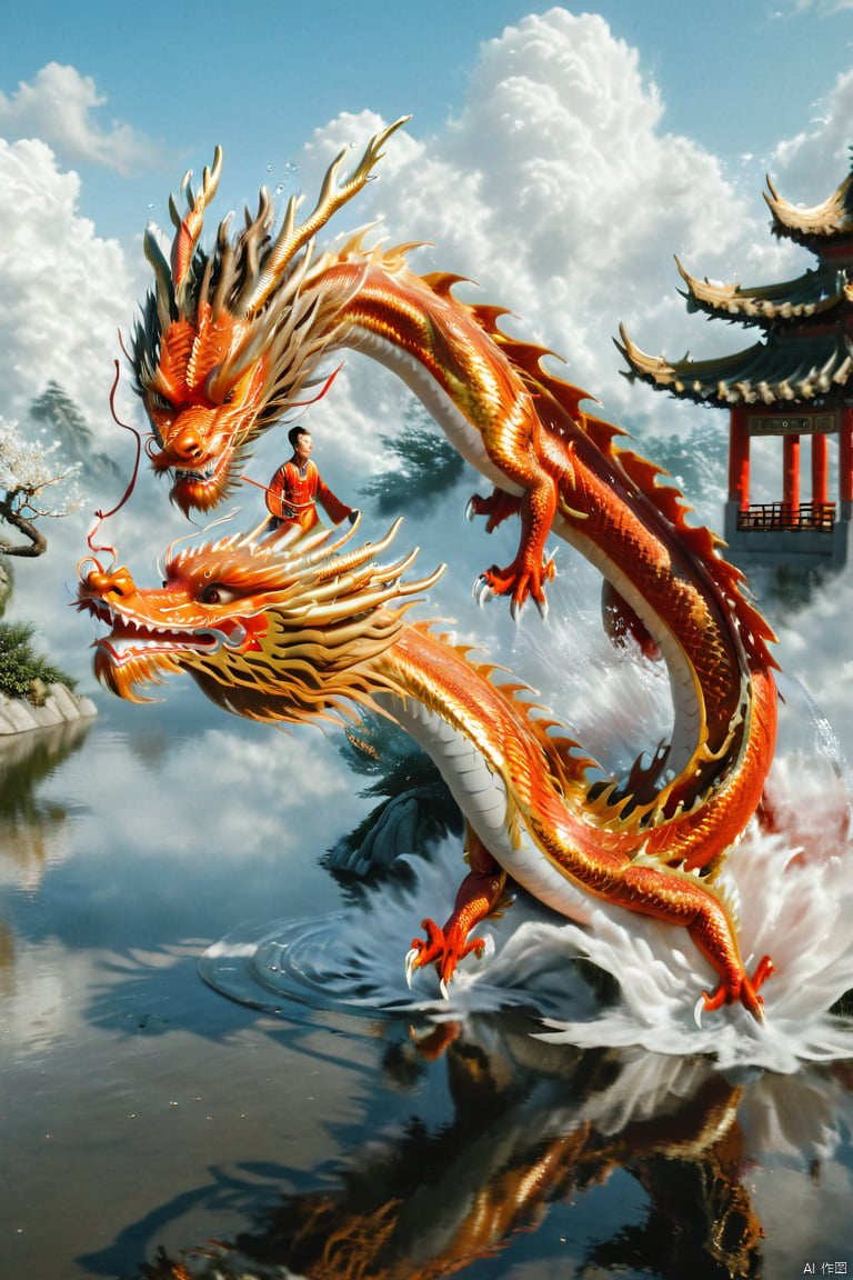 loong,red,

1girl

1boy

flower

outdoors

cloud

water

scenery

oversized animal

Chinese dragon

