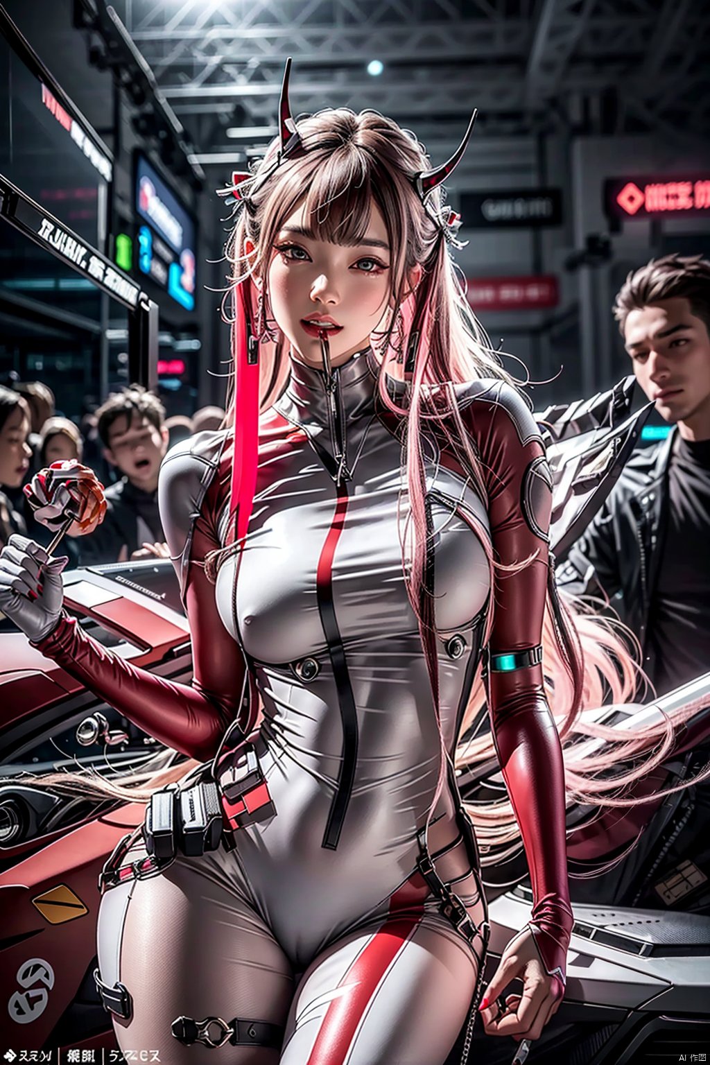 The 02 characters in the DARLING in the FRANXX have distinct appearance characteristics. She has long pink hair and green eyes, with red marks around her eyes, which makes her look mysterious and charming. It has a pair of red horns on its head and is equipped with mechanical devices to show its special status. The fangs and unique nails in the smile add a touch of wild beauty. In terms of dress, she prefers red uniforms with black pantyhose and white boots, which are both fashionable and full of fighting atmosphere. When driving FRANXX, she changed into red tights and high heels, which made her look more heroic., 1girl, solo（Pink long straight hair 1.5）(Hold a red lollipop 1.5)