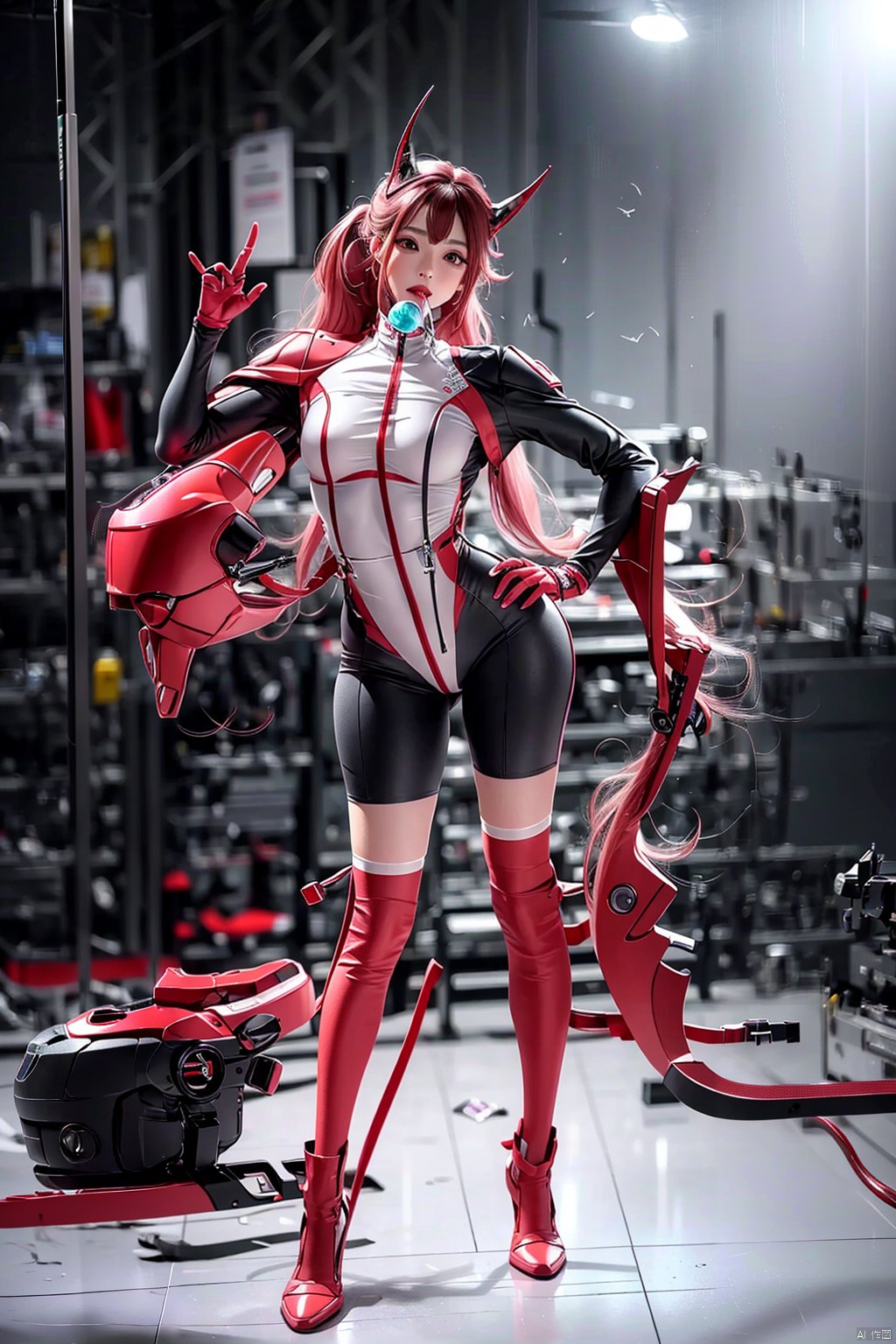 The 02 characters in the DARLING in the FRANXX have distinct appearance characteristics. She has long pink hair and green eyes, with red marks around her eyes, which makes her look mysterious and charming. It has a pair of red horns on its head and is equipped with mechanical devices to show its special status. The fangs and unique nails in the smile add a touch of wild beauty. In terms of dress, she prefers red uniforms with black pantyhose and white boots, which are both fashionable and full of fighting atmosphere. When driving FRANXX, she changed into red tights and high heels, which made her look more heroic., 1girl, solo（PinkWith a stick in his mouthWith a lollipop in his mouth.）