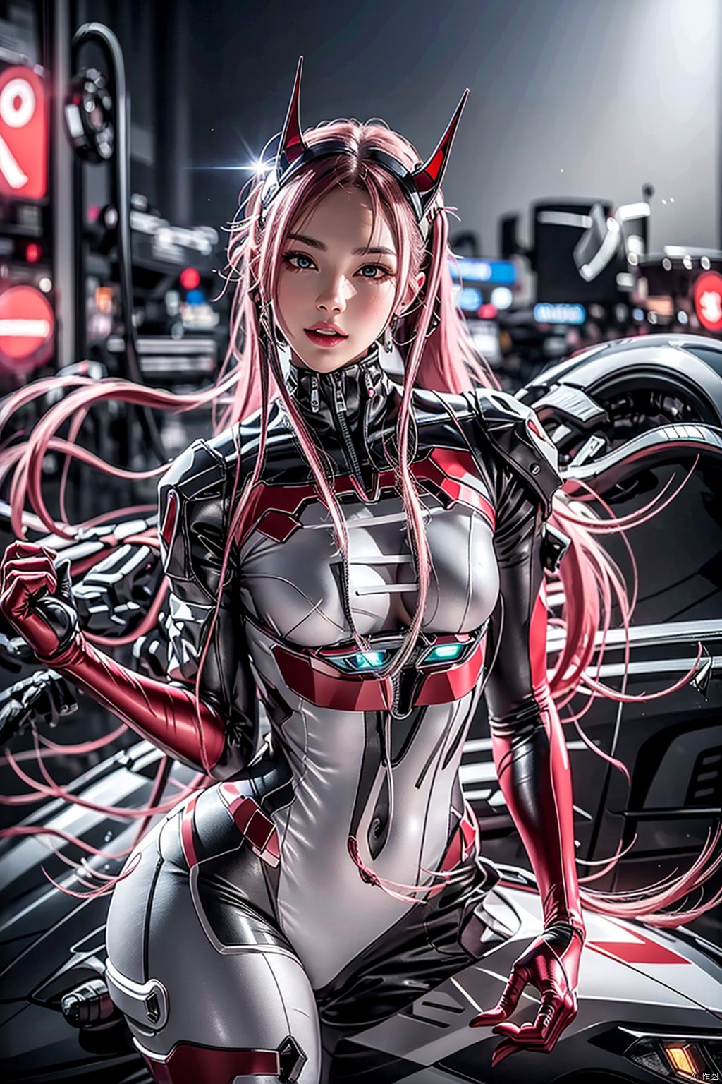 The 02 characters in the DARLING in the FRANXX have distinct appearance characteristics. She has long pink hair and green eyes, with red marks around her eyes, which makes her look mysterious and charming. It has a pair of red horns on its head and is equipped with mechanical devices to show its special status. The fangs and unique nails in the smile add a touch of wild beauty. In terms of dress, she prefers red uniforms with black pantyhose and white boots, which are both fashionable and full of fighting atmosphere. When driving FRANXX, she changed into red tights and high heels, which made her look more heroic., 1girl, solo（Pink long straight hair 1.5）