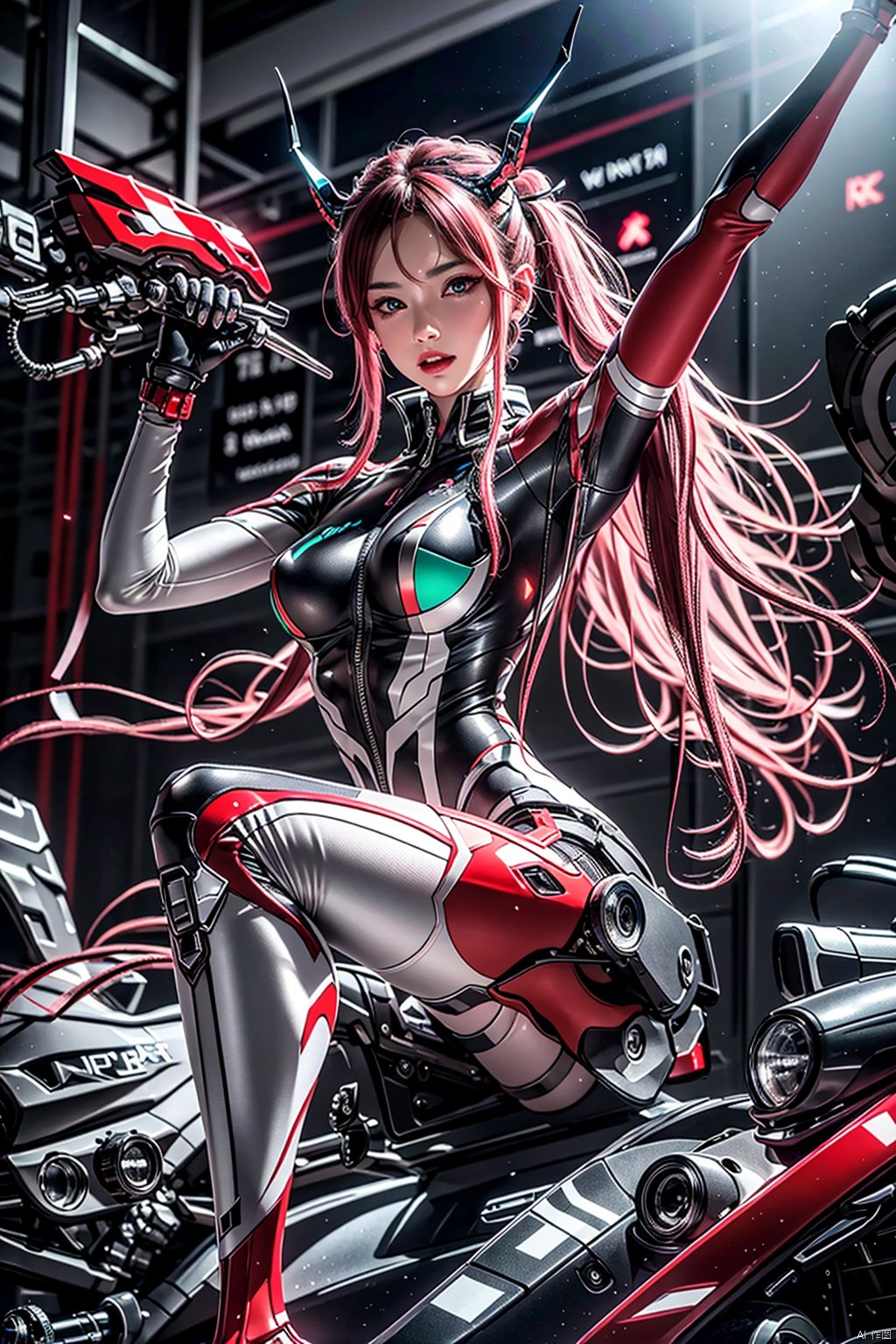 The 02 characters in the DARLING in the FRANXX have distinct appearance characteristics. She has long pink hair and green eyes, with red marks around her eyes, which makes her look mysterious and charming. It has a pair of red horns on its head and is equipped with mechanical devices to show its special status. The fangs and unique nails in the smile add a touch of wild beauty. In terms of dress, she prefers red uniforms with black pantyhose and white boots, which are both fashionable and full of fighting atmosphere. When driving FRANXX, she changed into red tights and high heels, which made her look more heroic., 1girl, solo（Pink long straight hair 1.5）